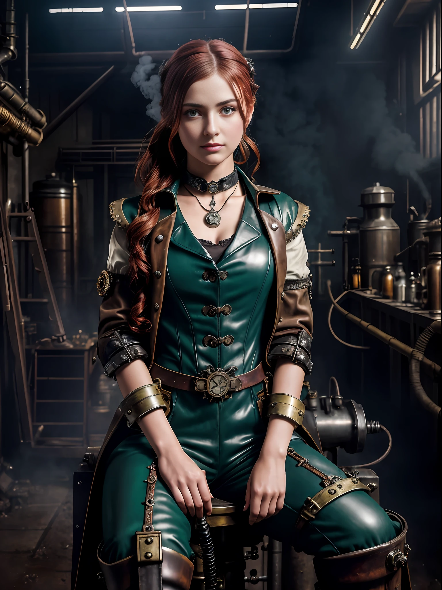model shoot style, photorealistic, perfect anatomy, realistic character, hyper photorealism, very high contrast photograph, street photography, cinematic lighting, dramatic lighting, (((a girl is repairing a machine in the steamy smoky workshop))), (a 19 yo girl, (Ana de Armas:0.70), (redhead:1.1)), very cute, (perfect eyes:1.1), photorealistic wavy hair, a girl in a steampunk jumpsuit in light gray color, sitting on a steam engine machine, intercom headset, steampunk choker, long leather boots, perfect detailed face, detailed symmetric green eyes with circular iris, fixing a steam engine in the steampunk garage filled with steam and smoke, cogs and gears, steamy background with lots of steam pipes and steam valves and pressure gauges and gears, intricate background, very highly detailed costume, very highly detailed background, steampunk fantasy style, steampunk , steampunk aesthetic, steamy, smoky