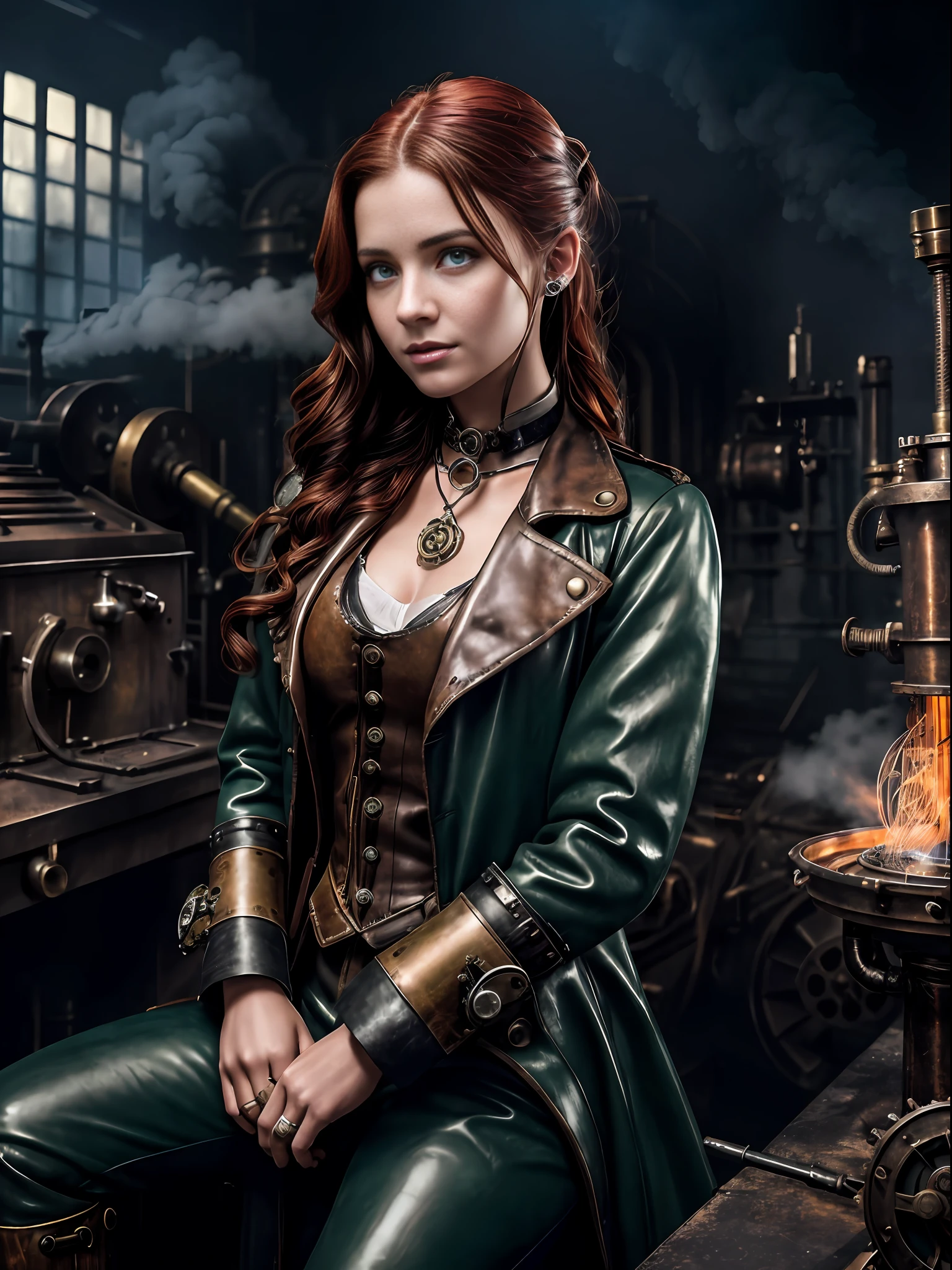 model shoot style, photorealistic, perfect anatomy, realistic character, hyper photorealism, very high contrast photograph, street photography, cinematic lighting, dramatic lighting, (((a girl is repairing a machine in the steamy smoky workshop))), (a 19 yo girl, (Ana de Armas:0.70), (redhead:1.1)), very cute, (perfect eyes:1.1), photorealistic wavy hair, a girl in a steampunk jumpsuit in light gray color, sitting on a steam engine machine, intercom headset, steampunk choker, long leather boots, perfect detailed face, detailed symmetric green eyes with circular iris, fixing a steam engine in the steampunk garage filled with steam and smoke, cogs and gears, steamy background with lots of steam pipes and steam valves and pressure gauges and gears, intricate background, very highly detailed costume, very highly detailed background, steampunk fantasy style, steampunk , steampunk aesthetic, steamy, smoky