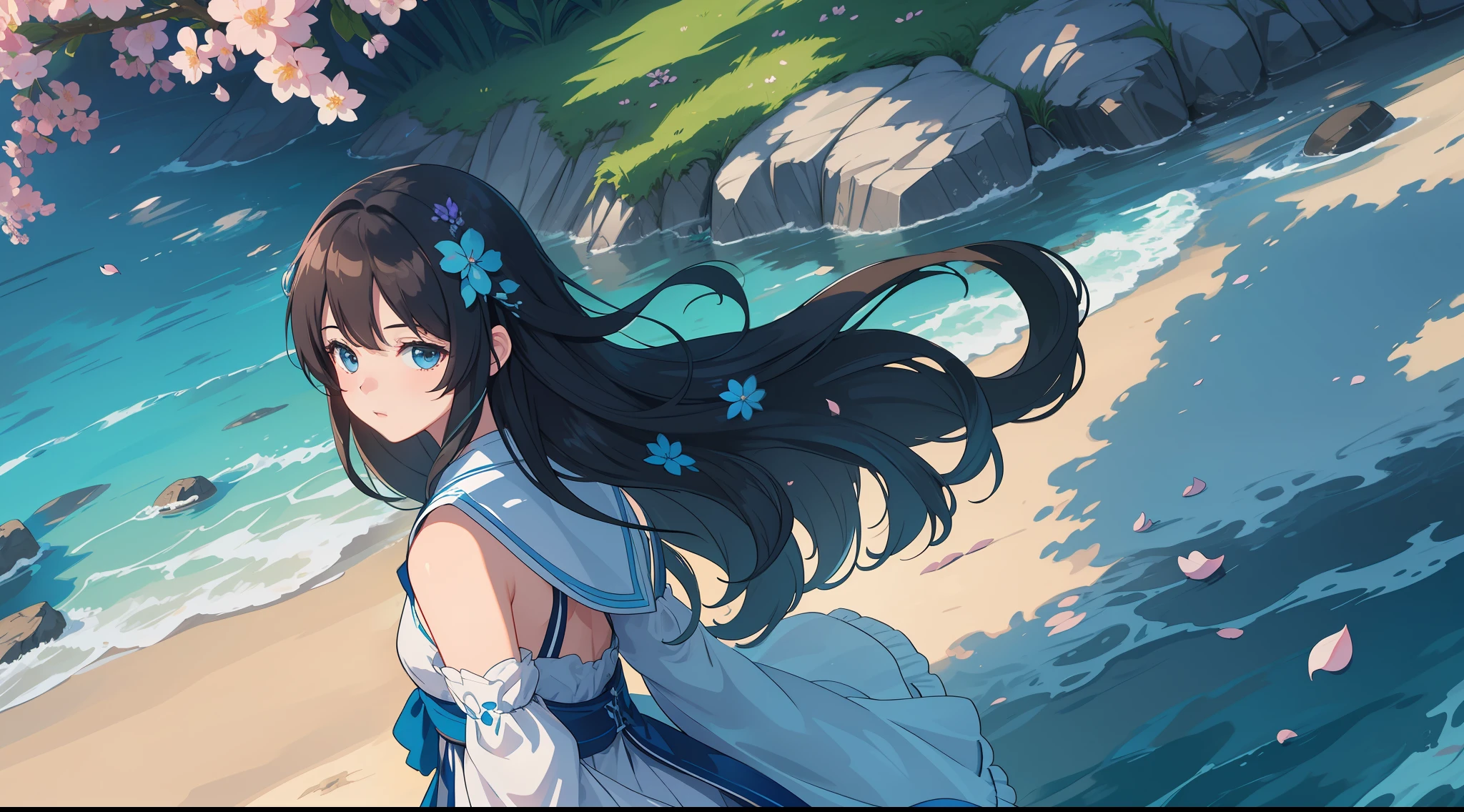 Masterpiece, best quality, (very detailed CG unity 8k wallpaper) (best quality), (best illustration), (best shadows) Nature', blue sea,delicate leaves petals of various colors falling in the air light Tracking, super detailed --v6
