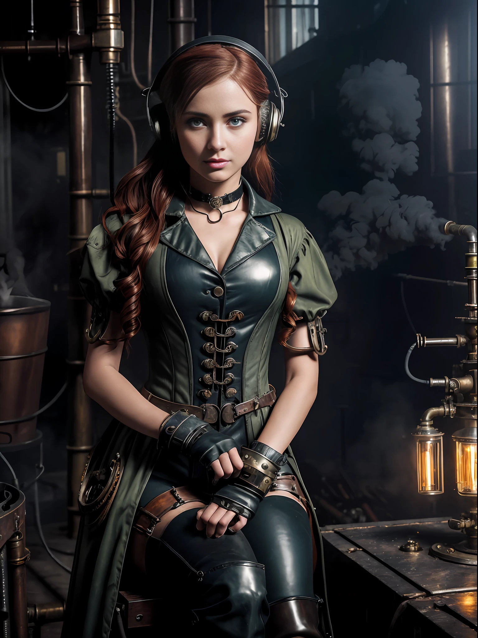 model shoot style, photorealistic, perfect anatomy, realistic character, hyper photorealism, very high contrast photograph, street photography, cinematic lighting, dramatic lighting, (((a girl is repairing a machine in the steamy smoky workshop))), (a 19 yo girl, (Ana de Armas:0.70), (redhead:1.1)), very cute, (perfect eyes:1.1), photorealistic wavy hair, a girl in a steampunk jumpsuit in light gray color, sitting on a steam engine machine, intercom headset, steampunk choker, long leather boots, perfect detailed face, detailed symmetric green eyes with circular iris, fixing a steam engine in the steampunk garage filled with steam and smoke, cogs and gears, steamy background with lots of steam pipes and steam valves and pressure gauges and gears, intricate background, very highly detailed costume, very highly detailed background, steampunk fantasy style, steampunk , steampunk aesthetic, steamy, smoky