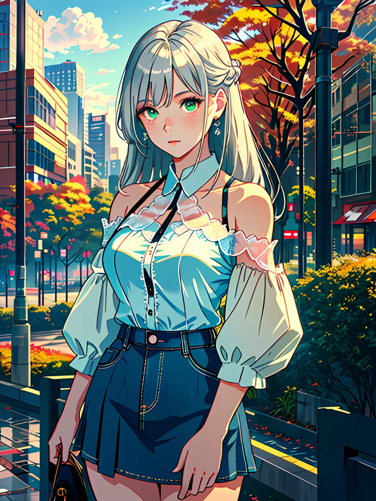 Japan, High resolution, highest quality, illustration, super detailed, (detailed face), (detailed eyes), soft lighting, best quality, hazy glow, fantastic atmosphere, super detailed, masterpiece, 1 girl, solo, silver hair, green eyes, off-the-shoulder, pleated skirt, lace-trimmed top, bright eyes, mid-chest, (colored), denim shot, outdoor, evening, clouds, high-rise building in background, industrial, public transport, city, concrete construction, concrete, sidewalk, busy, trees, autumn, falling leaves,