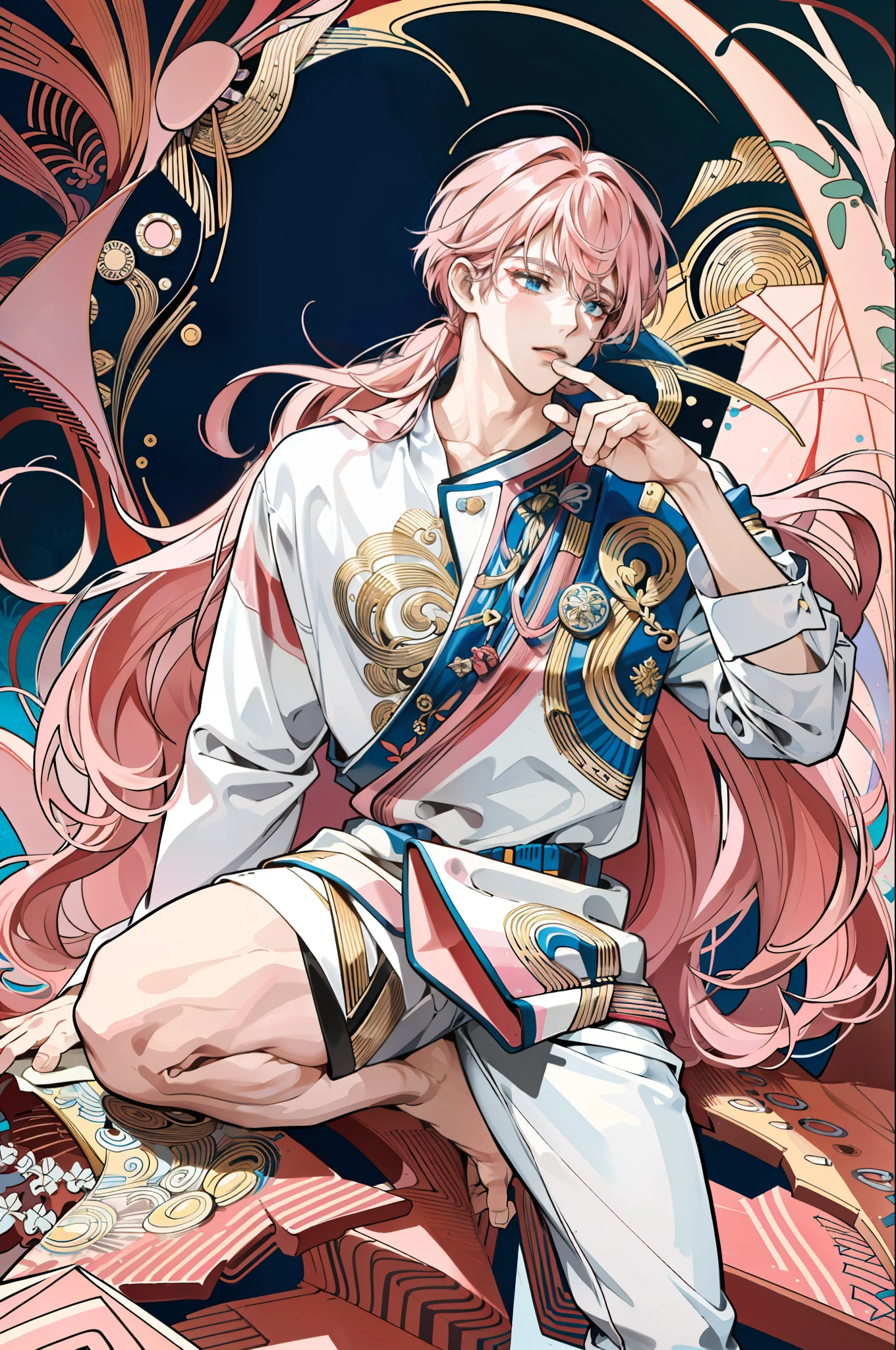 ((masterpiece:1.2, best quality)), ultra-fine, ultra-fine depiction, ultra-fine depiction, erotic expression, (zentangle:1.2), (dynamic pose), (abstract background:1.5), wavy long hair, pink hair, 1girl, color, portrait, (top-down: 1.2), bare thigh roots