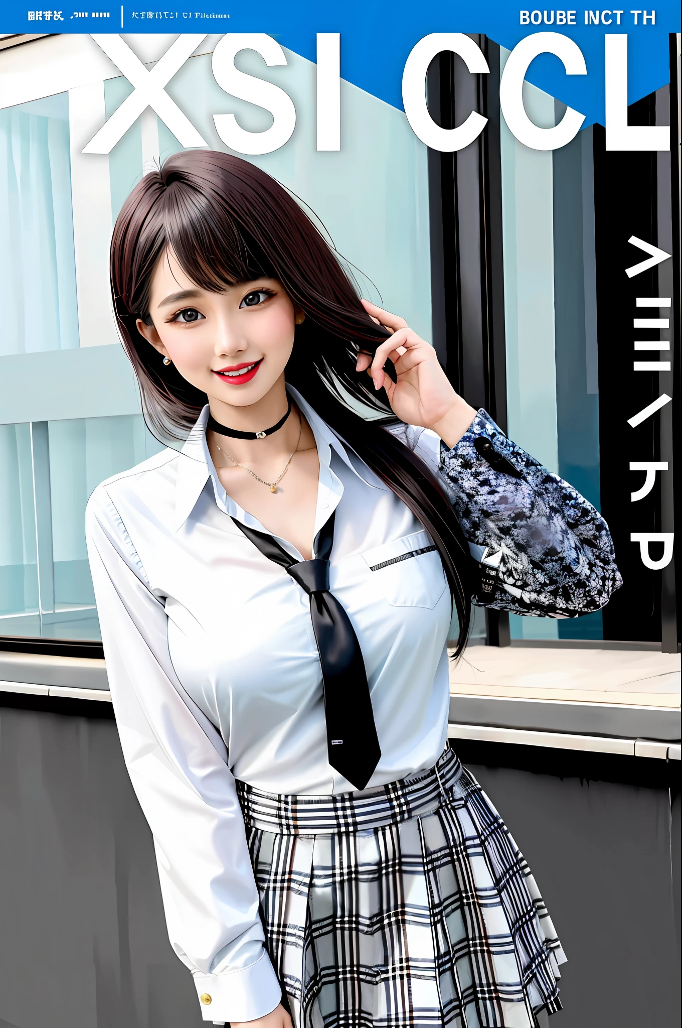 masterpiece, best quality, full body, 1girl, bangs, black choker, black necktie, black hair, blue skirt, blush, bracelet, breasts, choker, clothes around waist, collarbone, collared shirt, cowboy shot, dress shirt, ear piercing, eyebrows visible through hair, gradient hair, grin, gyaru, jewelry, kogal, long hair, looking at viewer, loose necktie, necktie, piercing, plaid, plaid skirt, pleated skirt, red eyes, ring, school uniform, shirt, skirt, smile, solo, white shirt, street, sky, cherry blossoms, petals,illustration, (magazine:1.3), (cover-style:1.3), fashionable, woman, vibrant, outfit, posing, front, colorful, dynamic, background, elements, confident, expression, holding, statement, accessory, majestic, coiled, around, touch, scene, text, cover, bold, attention-grabbing, title, stylish, font, catchy, headline, larger, striking, modern, trendy, focus, fashion,