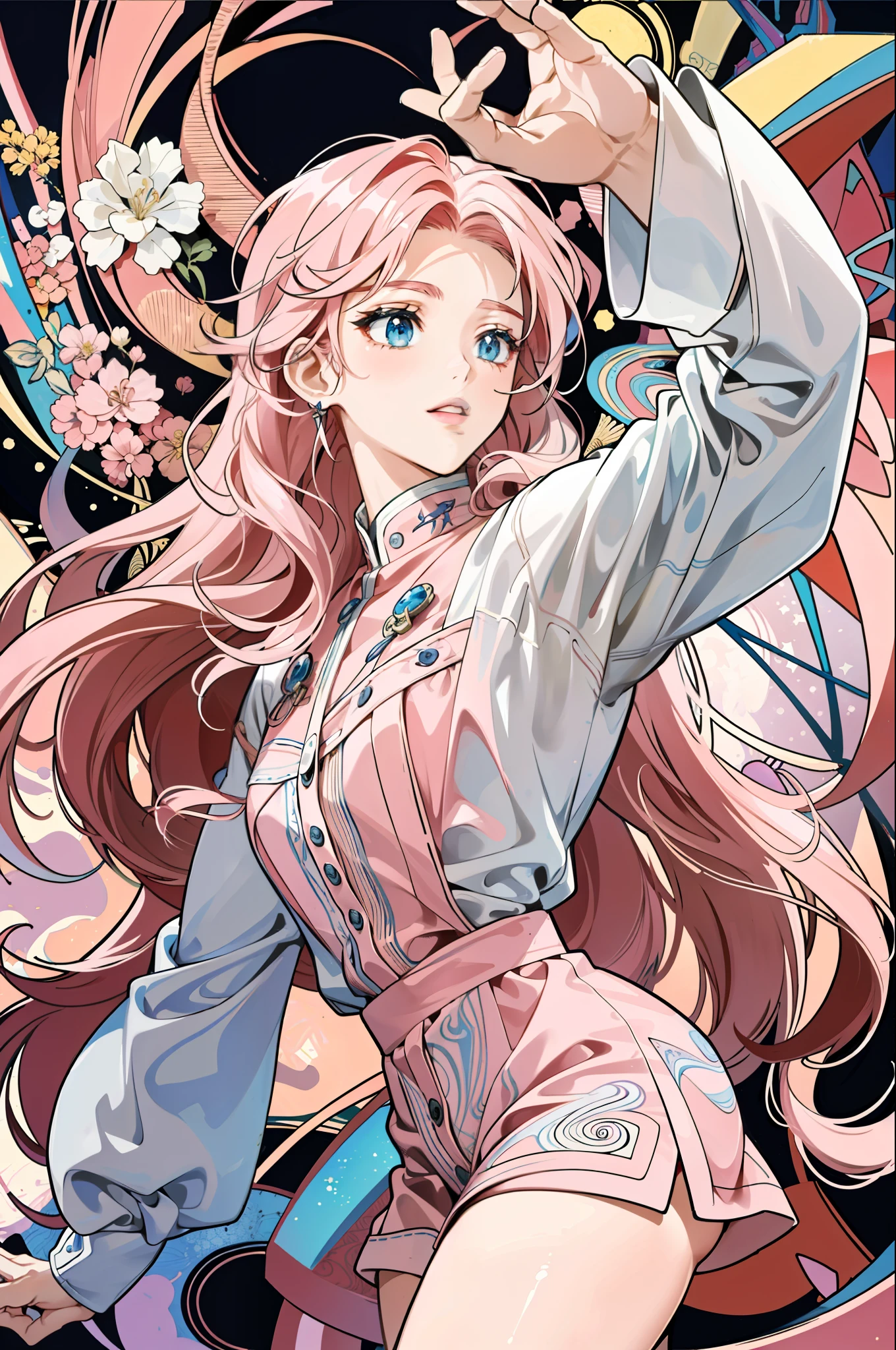 ((masterpiece:1.2, best quality)), ultra-fine, ultra-fine depiction, ultra-fine depiction, erotic expression, (zentangle:1.2), (dynamic pose), (abstract background:1.5), wavy long hair, pink hair, 1girl, color, portrait, (top-down: 1.2), bare thigh roots