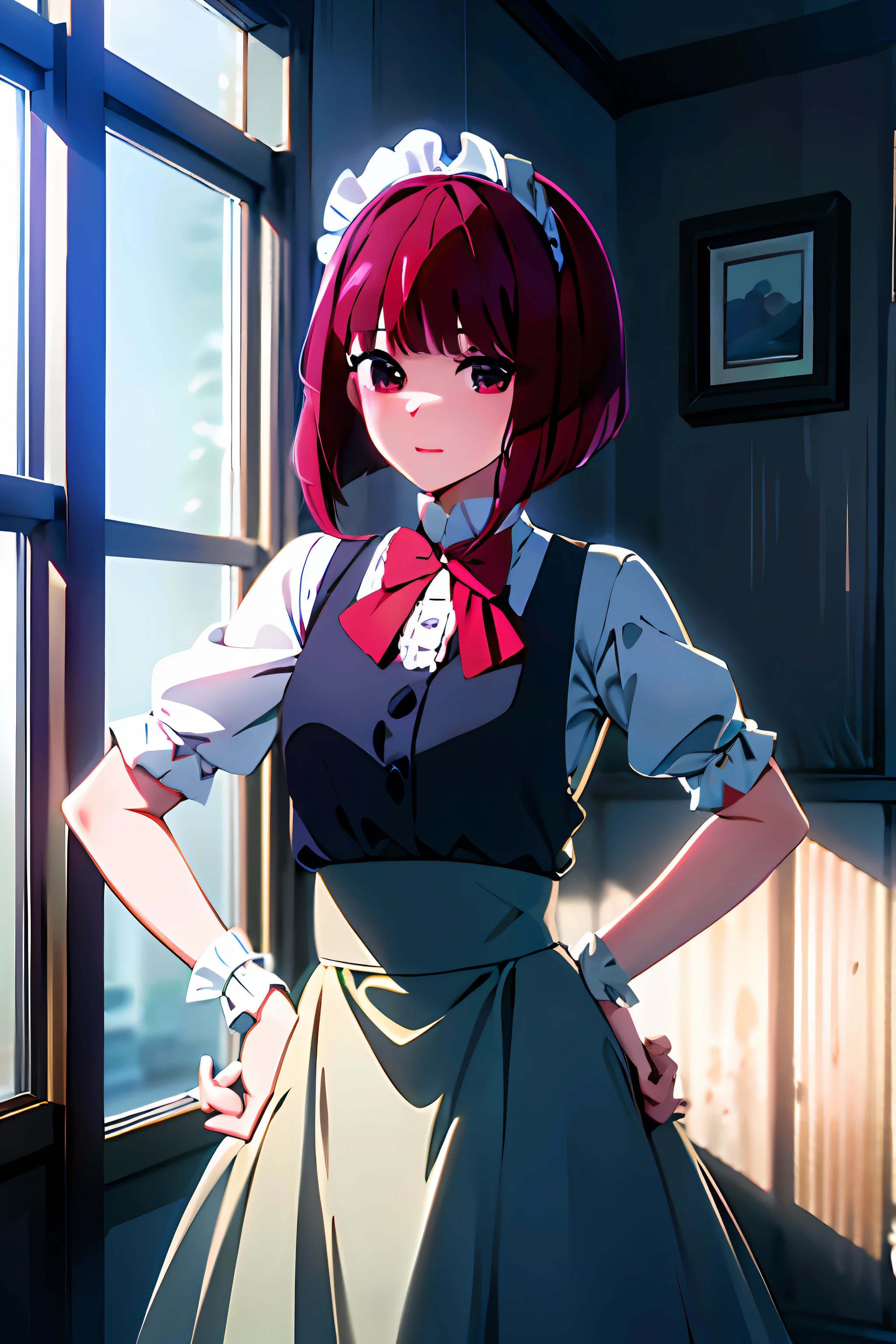 masterpiece, high quality, 8K, beautiful lighting, kanarima, ari magana, maid clothes, maid apron, hair band with ruffles, kitchen, in room