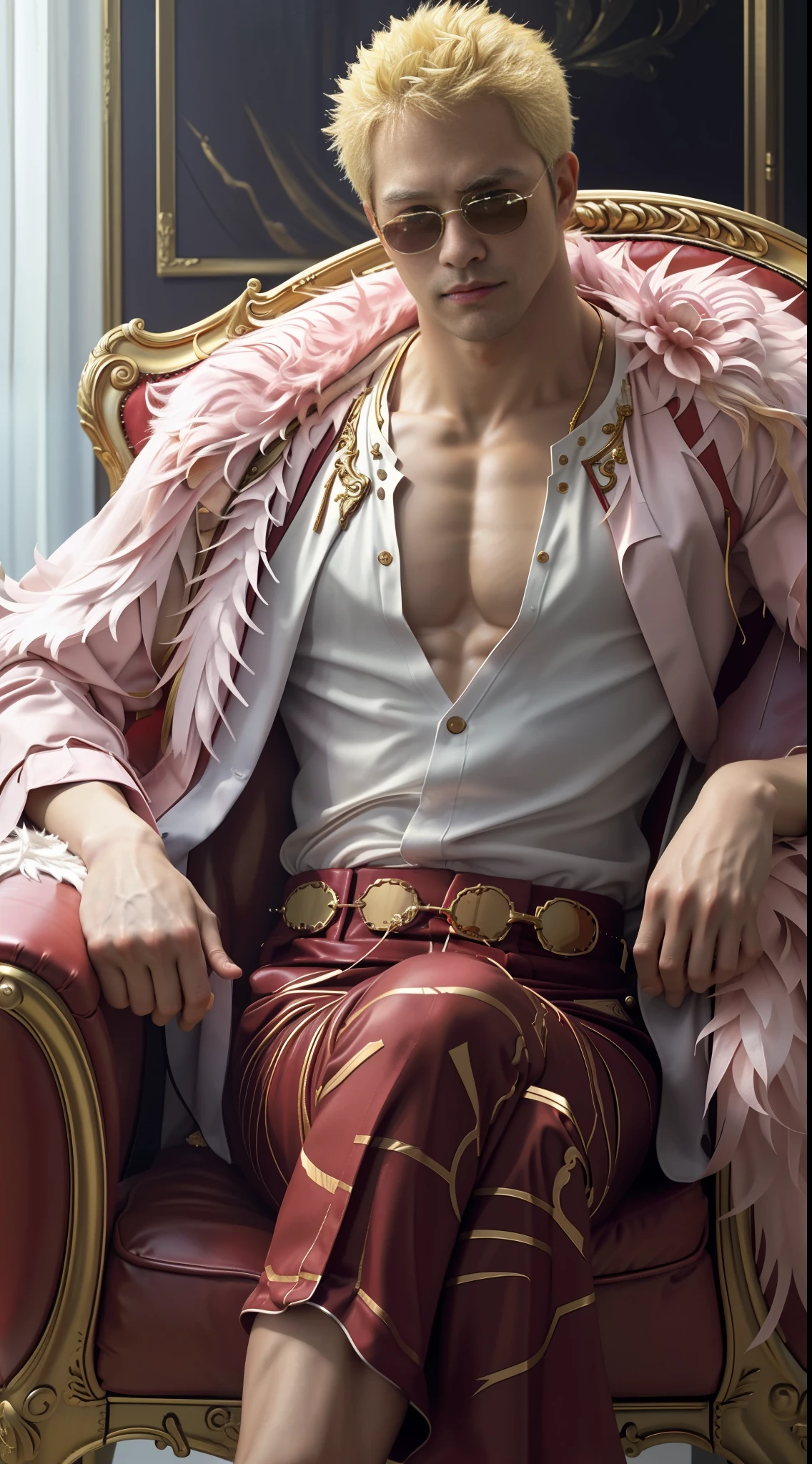 ((masterpiece:1.4, best quality)), ((masterpiece, best quality)), (photo realistic:1.4), Japanese male, muscular male, doflamingo, boa_coat, sunglasses, blonde_hair, open shirt, (pointed sunglasses ), veins, king's chair, red and gold chair, luxury chair, majestic chair, sitting on chair, legs crossed, professional lighting, physically-based rendering