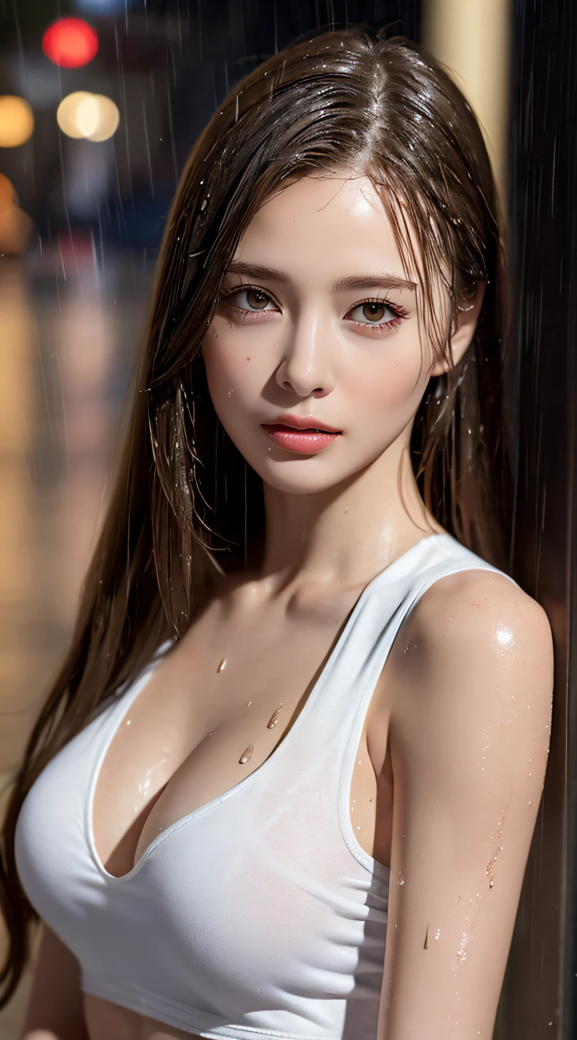 ((Realistic lighting, Best quality, 8K, Masterpiece: 1.3)), Clear focus: 1.2, 1girl, Perfect body beauty: 1.4, Slim abs: 1.1, (Big breasts), (White vest: 1.4), (Outdoor, night: 1.1), City streets, Super fine face, fine eyes, Double eyelids, (Wet in the rain, wet body: 1.2)