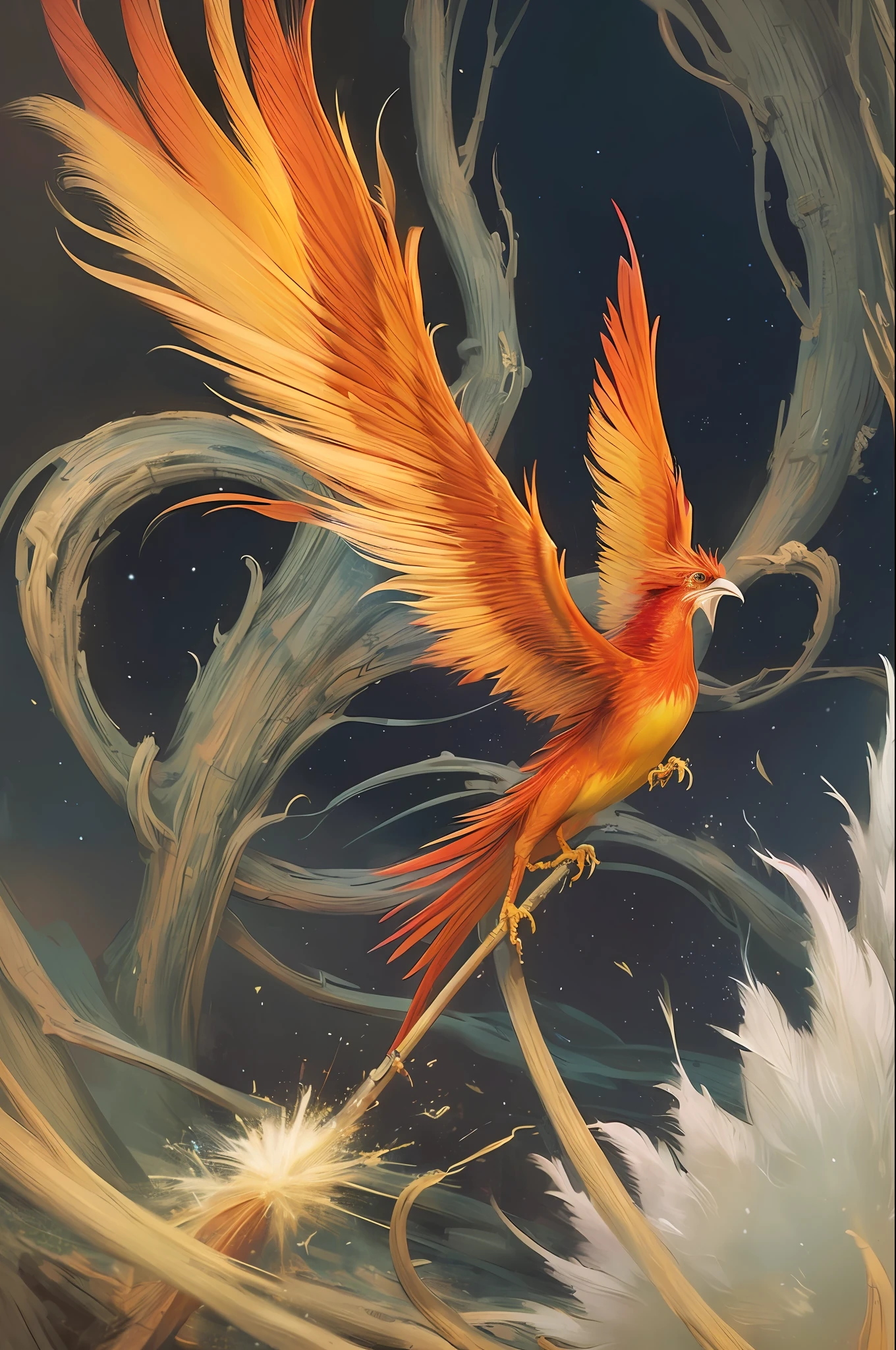 (((Amazing atmosphere))), Suzaku is a huge firebird whose feathers are made up of red and golden light, usually with a long tail and a sharp beak. Its eyes sparkle with wisdom, and its wings can cause fierce winds and flames that make people unapproachable.