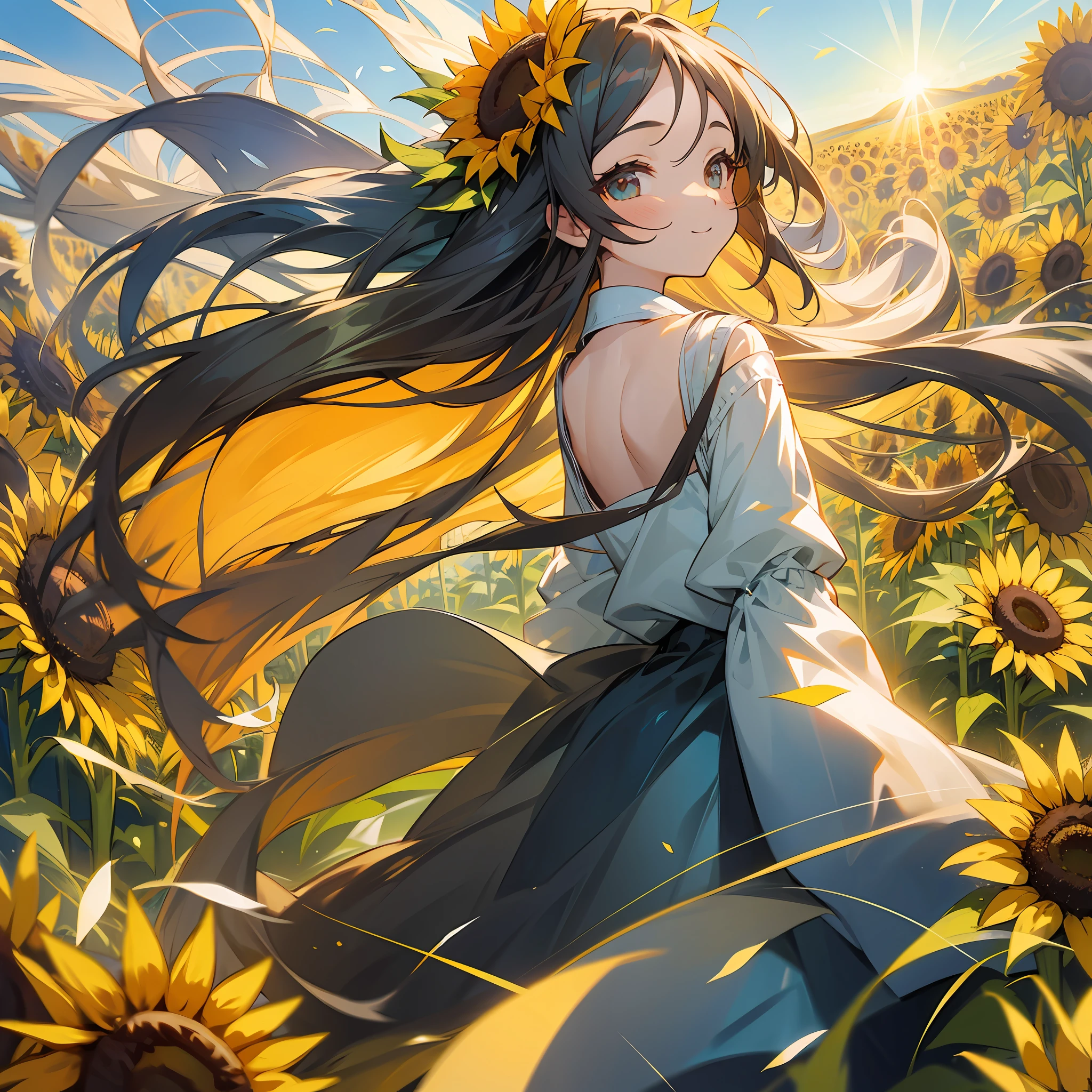 As the sun sets, a girl with long flowing hair, looks sweet and cute, in a field full of sunflowers, the back of a cheerful running, the figure is smaller, and the sunflowers flutter in the wind --auto --s2