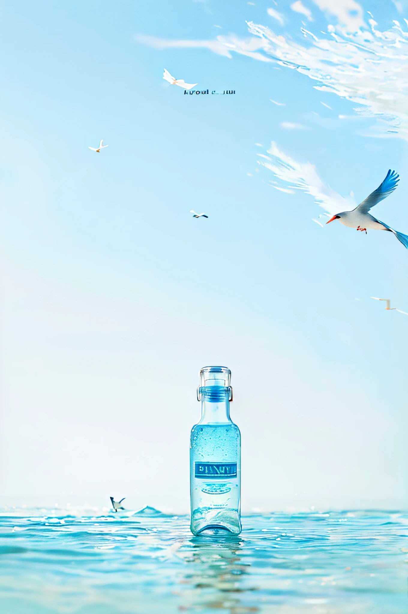 There is a bottle of water with a bird flying on it, and the high quality theme is rendered
