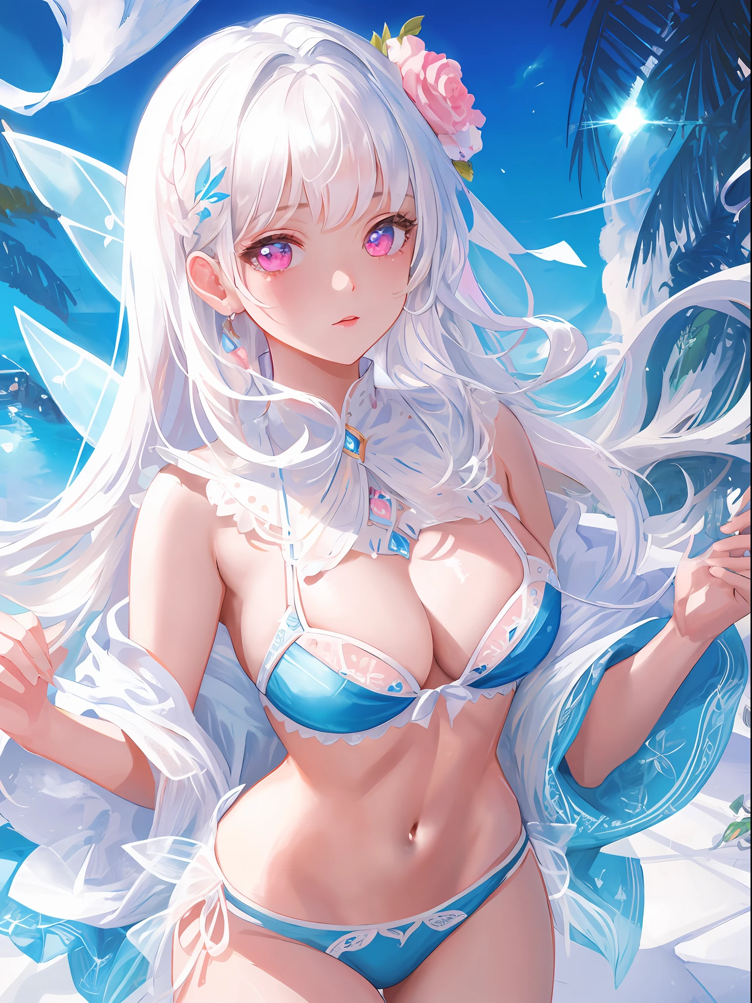 masterpiece, top quality, ultra detail, illustration,beautiful detailed face(1girl), look at viewer, close-up, (focusing on lower body), white hair, shy, fairy, white and blue bikini, pink eyes,naughty girl