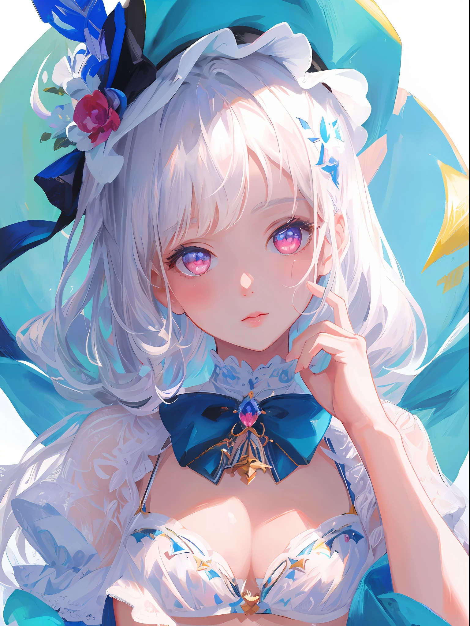 masterpiece, top quality, ultra detail, illustration,beautiful detailed face(1girl), look at viewer, close-up, (focusing on lower body), white hair, shy, fairy, white and blue bikini, pink eyes,naughty girl