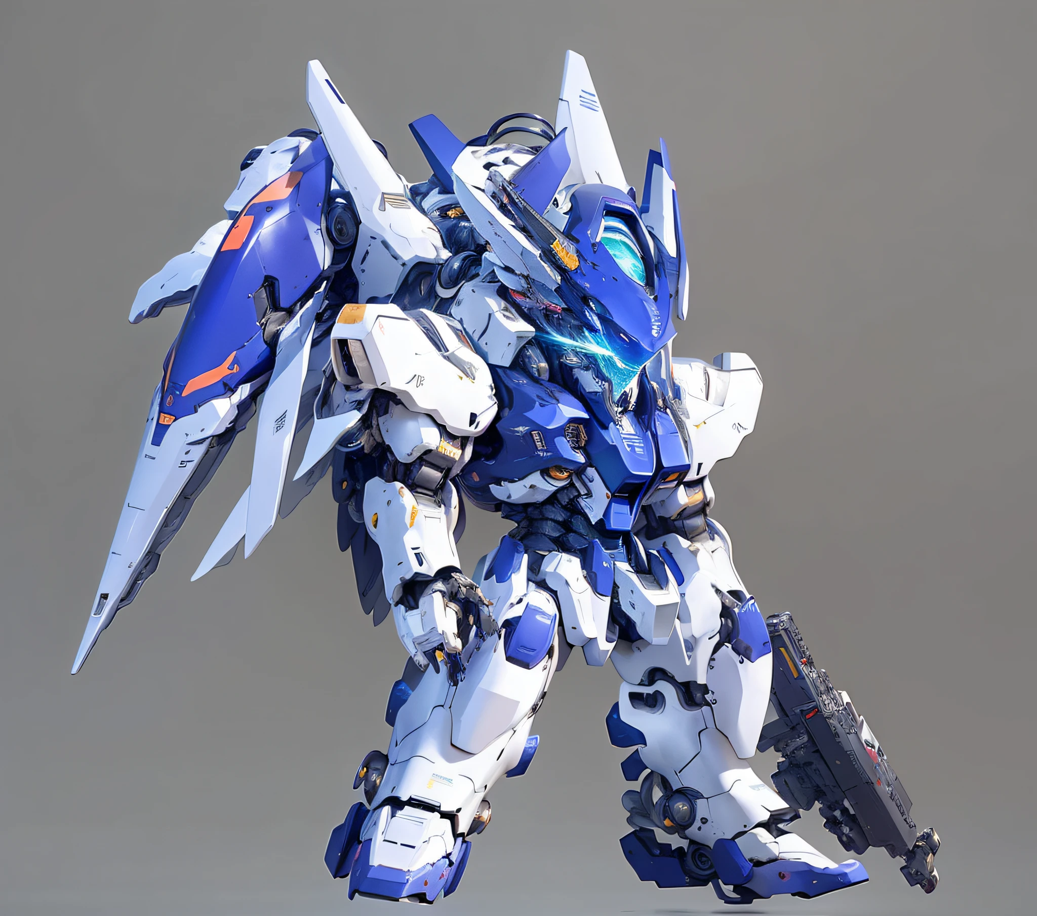 Close-up of robot holding a gun on gray background, holding a machine gun, back mech with big wings, blue and white mech, Fira white mech, cool mech style, Alexander Fira white mech, mecha set, gear mech, mecha style Greek god, Gundam armor, modern mecha anime, super robot wars, full body mecha set, anime large mech robot, ((best quality)), ((masterpiece)), (highly detailed:1.3) , 3D, Pretty, (cyberpunk:1.2), Glowing Eyes, Full Body, Panorama, Particle, Reality, HDR (High Dynamic Range), Ray Tracing, NVIDIA RTX, Super Resolution, Unreal 5, Subsurface Scattering, PBR Textures, Post-Processing, Anisotropic Filtering, Depth of Field, Maximum Sharpness and Sharpness, Multi-layer Textures, Albedo and Specular Maps, Surface Shading, Accurately Simulating Light-Material Interactions, Perfect Proportions, Octane Render, Two-tone Lighting, Large Aperture, Low ISO, White Balance, Rule of Thirds, 8K RAW, High Efficiency Sub-Pixel, Subpixel Convolution,