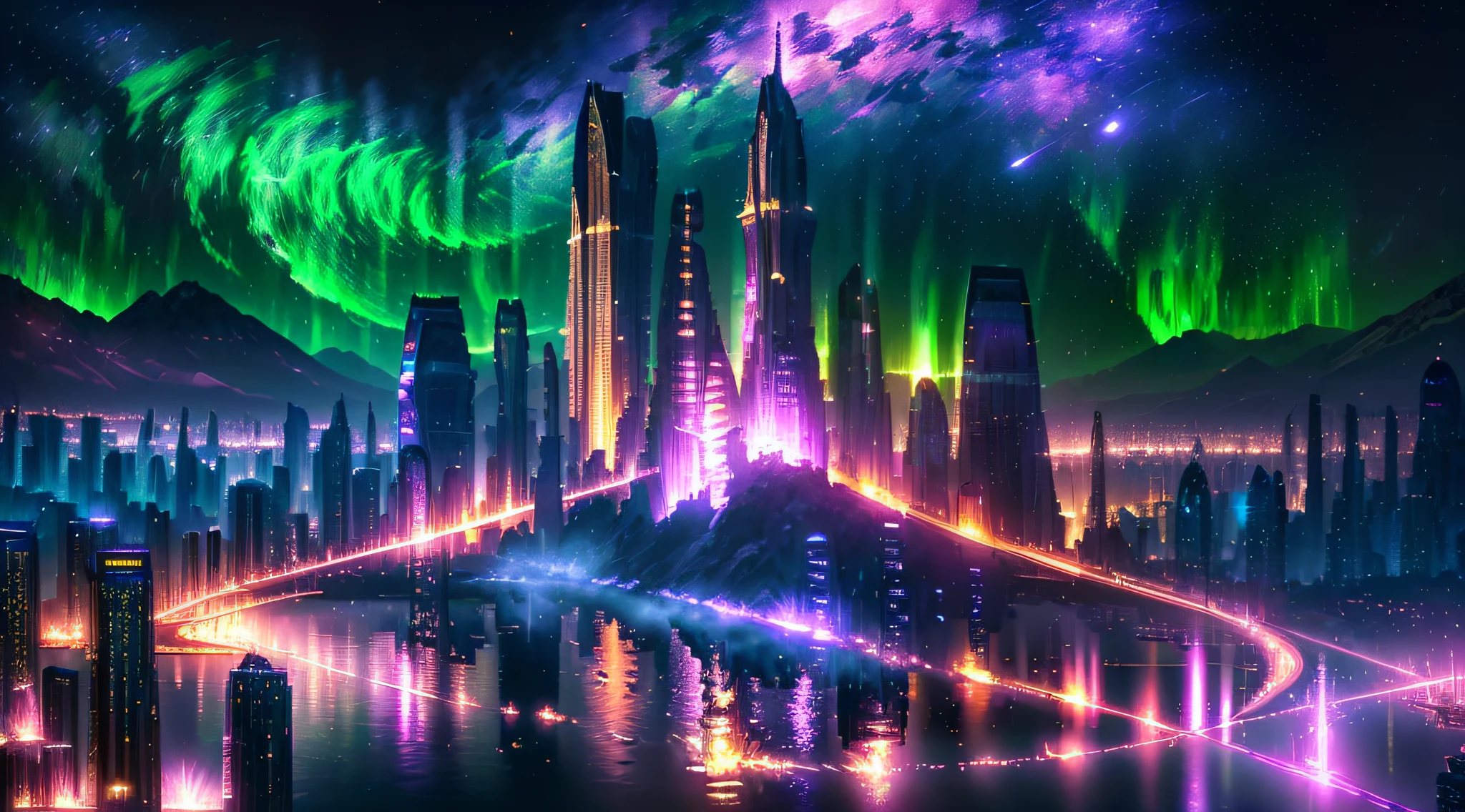 (deep in the night, deep in the night, deep in the night) I see a beautiful, detailed 8k artwork with a sugary pink crystal city, sparkling gold, and a fairytale landscape against a magical night sky.8k,((huge full city)),(space city),(nothern lights,detailed),((high quality))