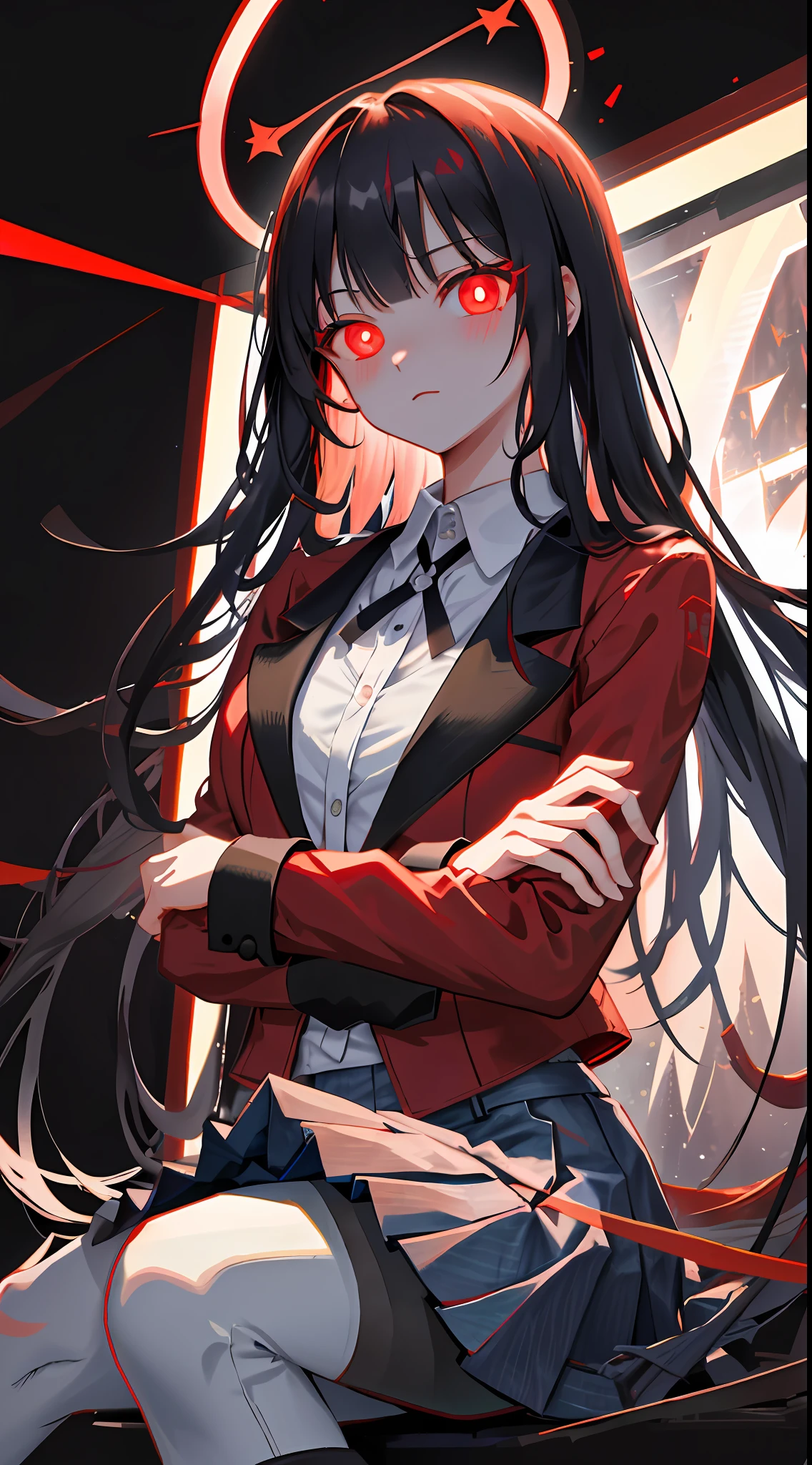 Masterpiece, best quality, high resolution, hmjy1, long hair, blunt bangs, school uniform, red jacket, black pantyhose, white shirt, black ribbon, pleated skirt, long sleeves, denim lens, glowing eyes with red light in hand holding pendant, blushing, black silk, classroom, dark background, crossed legs