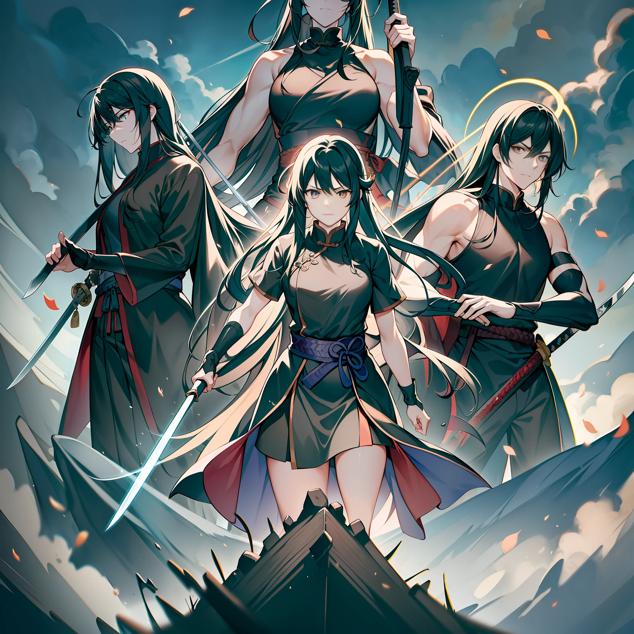 Between this mountain of sword qi, a group of disciples of the Sword Sect appeared in the center of the picture. Dressed in white sect uniforms and holding long swords, they stood on the top of the mountain as if a group of swords were riding the wind. Their eyes were solemn, solemn and majestic, as if they were ready to fight for the way of the sword and sweep away the evil. The whole picture is dominated by black, emphasizing the mystery, rigor, justice and majesty of the Sword Sect. The sun in the picture is shining, majestic and clear, and through the warmth and halo effect of the sunlight, highlighting the tall and heroic martial arts of this group of Sword Sect disciples. This group of disciples of the Sword Sect demonstrated their belief and pursuit of kendo. Dressed in black clan uniforms, they had a clear banner, and their solemn and majestic eyes stared ahead, revealing the lofty ideals in their hearts. This group of disciples of the Sword Sect not only embodies the essence of Chinese martial arts swordsmanship, but also represents a noble faith and noble spirit, thus allowing the viewer to feel an open-minded, firm and thorough spiritual outlook. The whole picture is profound and fascinating, making people feel the profound pursuit of kendo and their firm belief in ideals by these Sword Sect disciples
