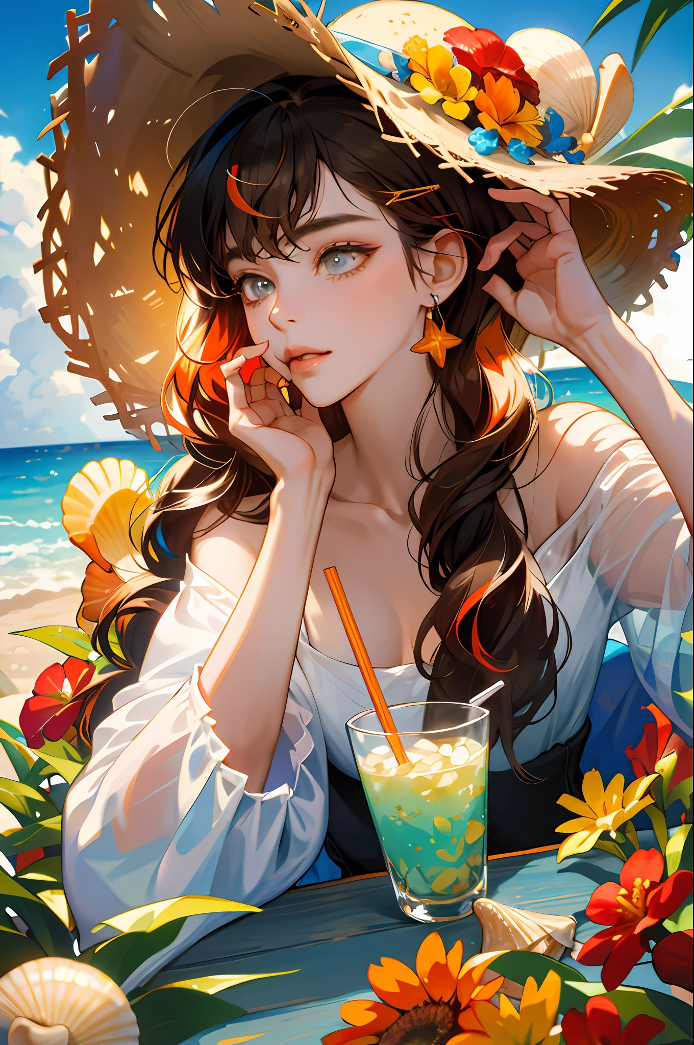 absurdres, highres, ultra detailed, 1girl, solo, extremely detailed eyes, starfish, seashell, shell, flower, hat, hair ornament, jewelry, straw hat, looking at viewer, sunglasses, hat flower, drinking straw, hairclip, earrings, red flower, tinted eyewear, yellow flower, bangs, english text, multicolored hair, orange flower, black hair, ring, cup, long hair, orange-tinted eyewear, food, brown hair, portrait, shell hair ornament