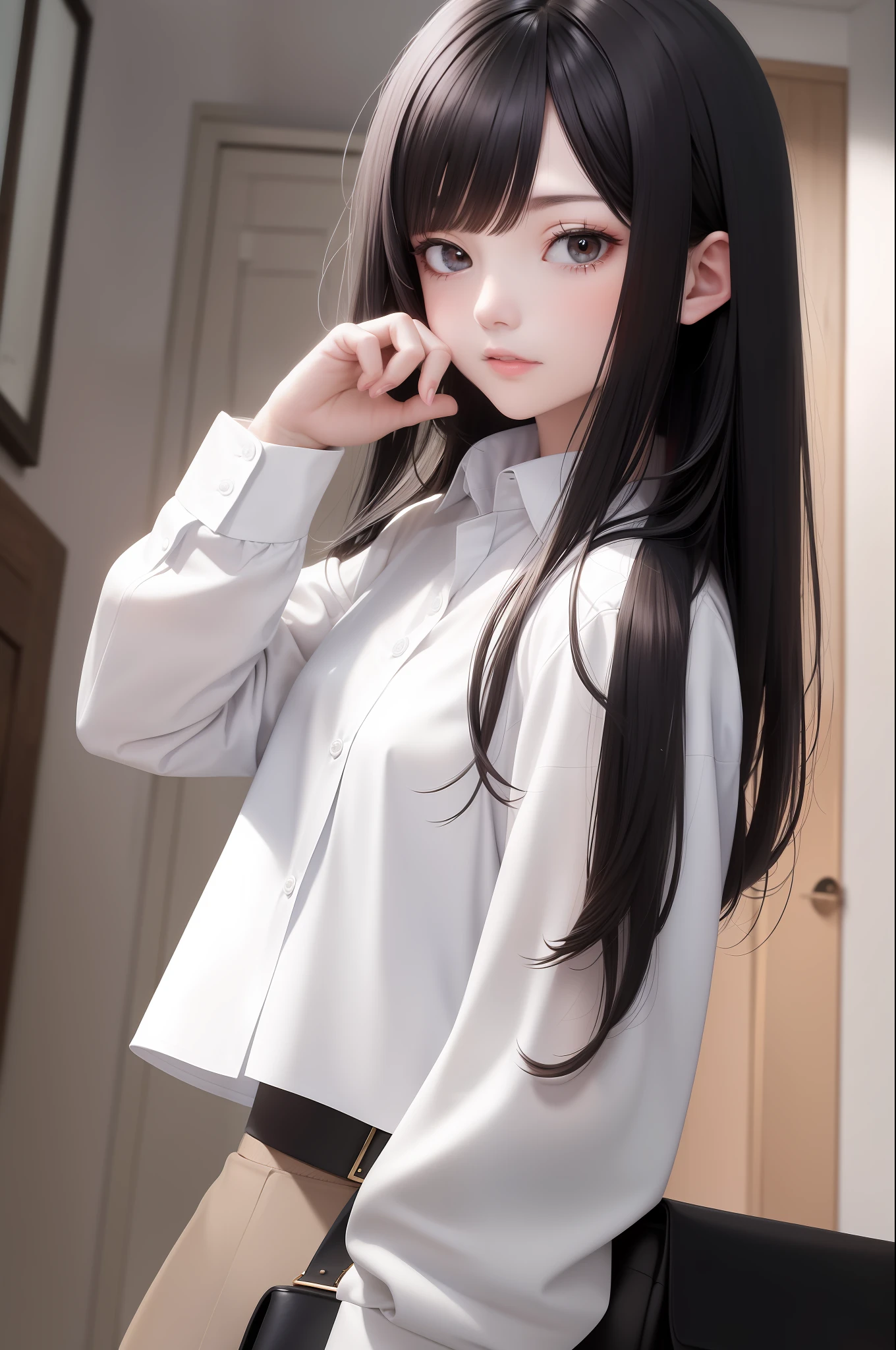 Top Quality, Masterpiece, Black Hair, Beauty, White Shirt, Indoor