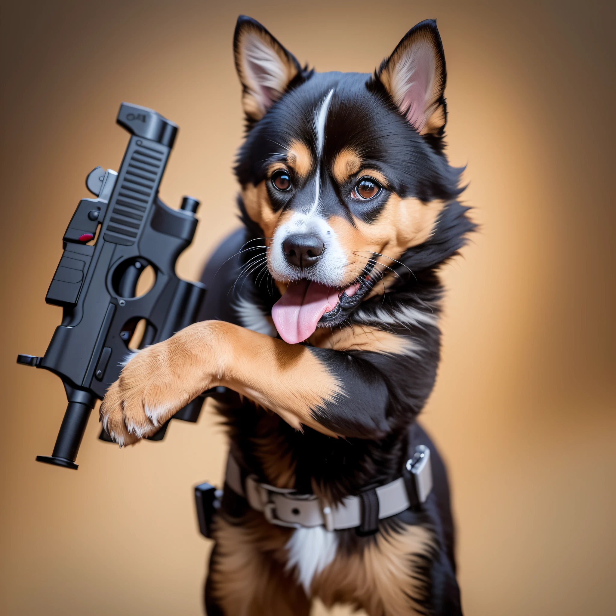 Cartoon, masterpiece: 1.2, a mischievous puppy holds in his front paws a toy gun that looks like it came straight out of a canine action movie. The gun is incredibly over-the-top and disproportionate, with an exaggeratedly long and colorful barrel reminiscent of cartoons.

The puppy, with an expression of "I'm the toughest dog on the block," displays a countenance of confidence and bravery as he wields the toy gun. Their front paws grip the handle tightly, as if ready to face any canine challenge that may arise.