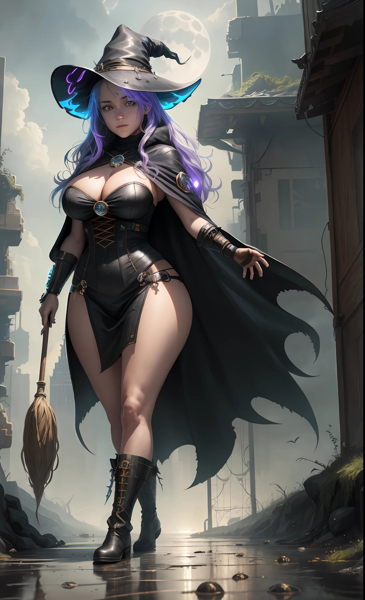 masterpiece, best quality, ultra-detailed, illustration, witch hermione, solo, fantasy, flight, broom, night sky, outdoors, magic, spells, moon, stars, clouds, wind, hair, large breasts, back, looking back, sculptural body, cape, hat, boots, sensual lingerie, shaggy clothing, transparent clothing, broomstick, intense mist, shining, mysterious,, voluptuous, evil, adventurer, freedom, wonder, imagination, seductive, skill, skill, Speed, movement, energy, realism, naturalistic, figurative, representational, beauty, fantasy culture, mythology, fairy tales, folklore, legends, witches, wizards, magical creatures, fantasy worlds, composition, scale, foreground, middle ground, background, perspective, diffuse light, color, texture, intricate details, 8k, ((cyberpunk style))