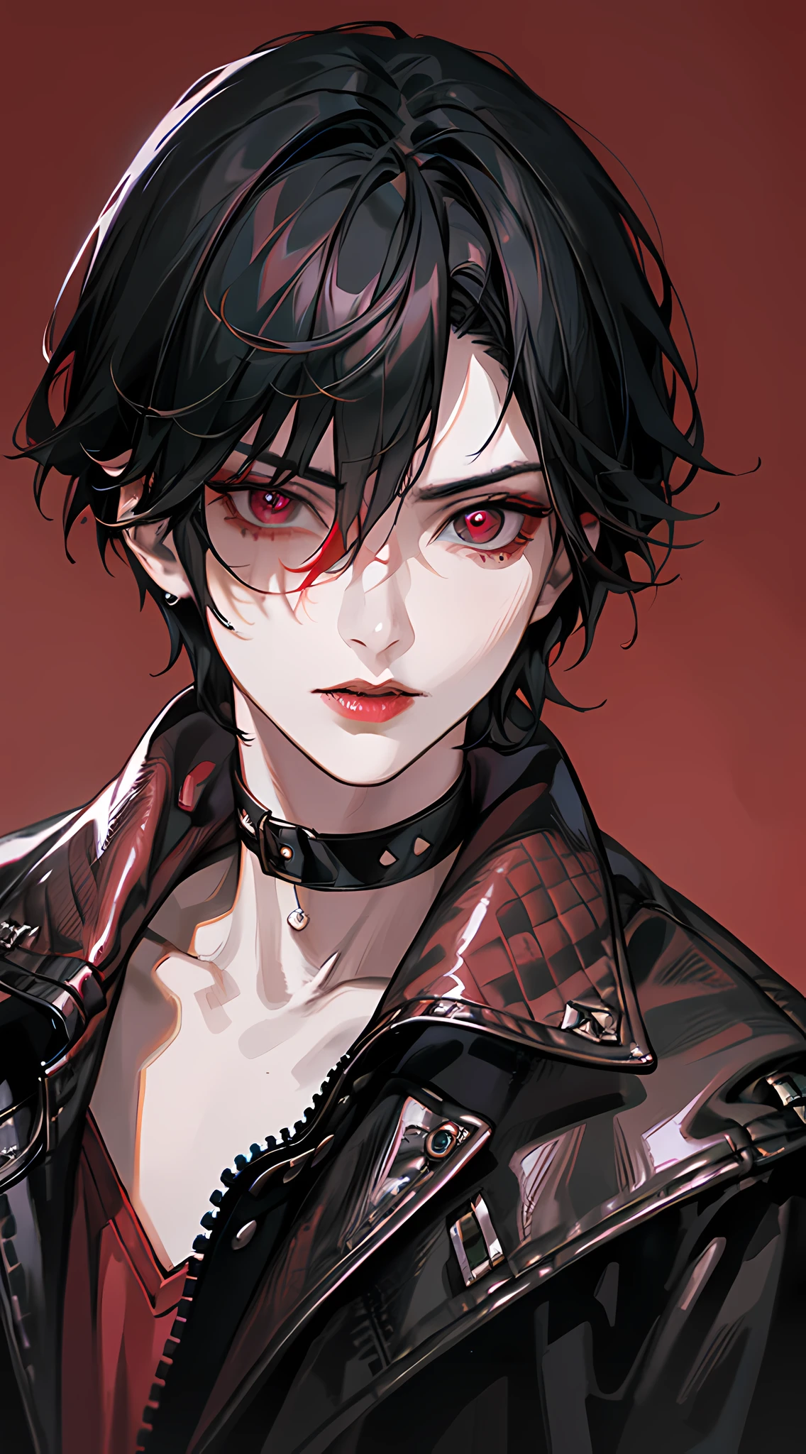 1boy, (close up face, masterpiece, best quality:1.2), 8k, official art, absurdres, gothic, studded leather jacket and choker, pierced earrings, (smokey red eye shadow with glitter, glazed pinkish red lips:1.1), (very dark red background:1.4), HDR, facelight, ultra realistic, highres, photography, film grain, chromatic aberration, sharp focus, HDR, facelight, dynamic lighting, cinematic lighting, professional shadow, dark shadow, highest detailed, extreme detailed, ultra detailed, finely detail, real skin, delicate facial features, detailed face and eyes, sharp pupils, realistic pupils, (black hair:1.4)