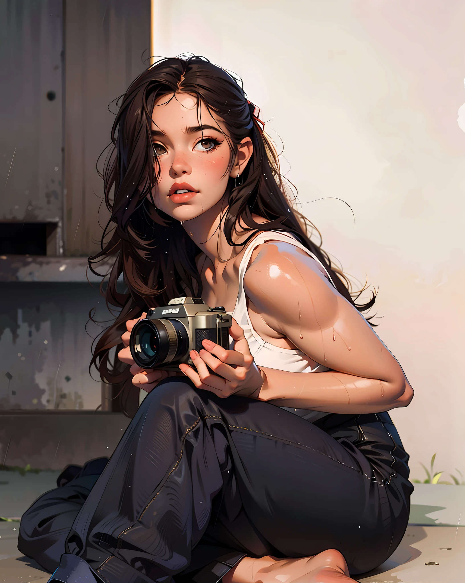 a hyper-realistic portrait of a young woman, half asleep, under a tree, inside a forest, lots of rain, in the middle of nature, 22 years old, realistic, (lying on her side), she is wearing a red panties, (wearing minimal dress), sexy, (huge breasts 2:1), wet clothing, short brown hair, (hair tied with bows), curved, SFW