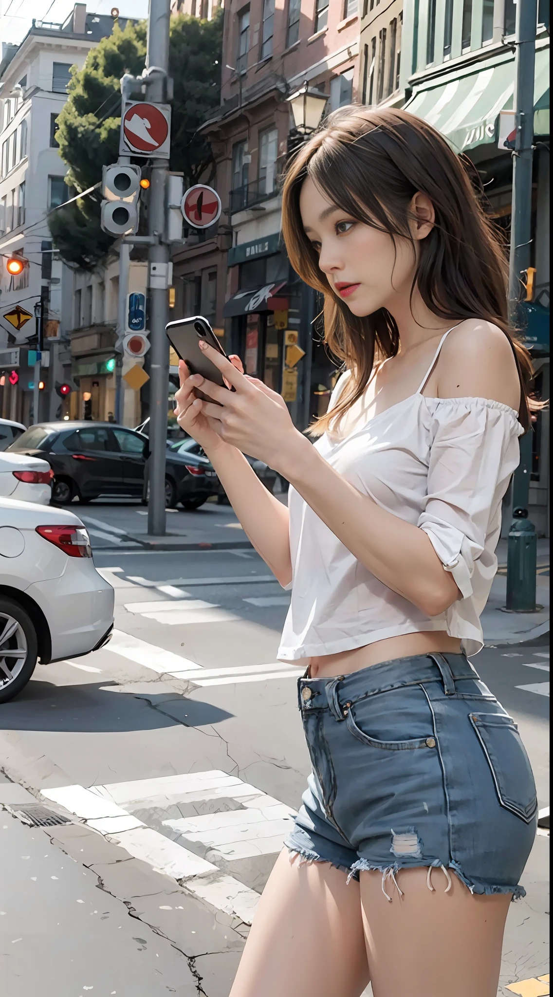 Beautiful woman, fiddling with cell phone in the middle of the street, short clothes