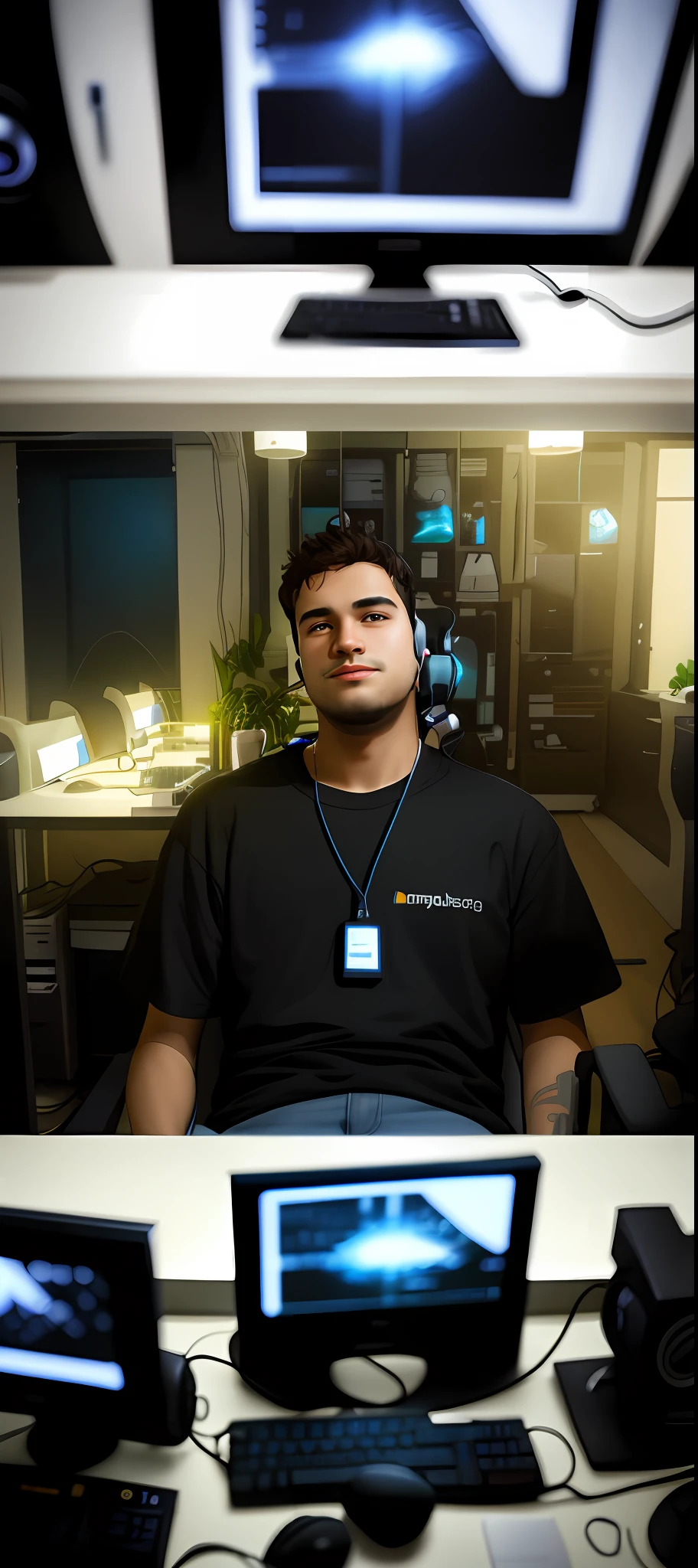 Man in the gamer scene with. Computer and headset