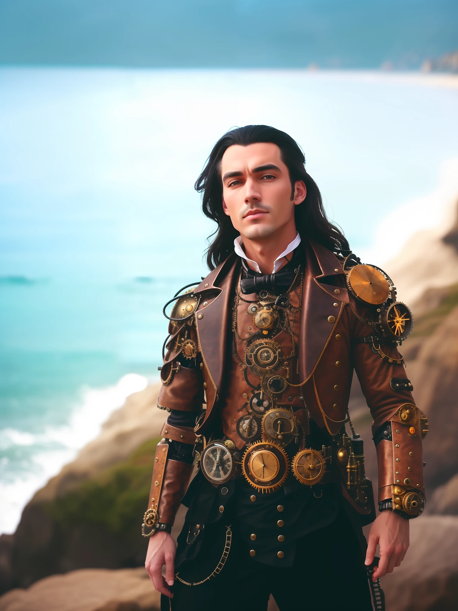 HD, (Best Detail) (Best Quality), detailed facial features, there is a man standing on a rocky beach, Victorian costume, (((Steampunk)), face not moving