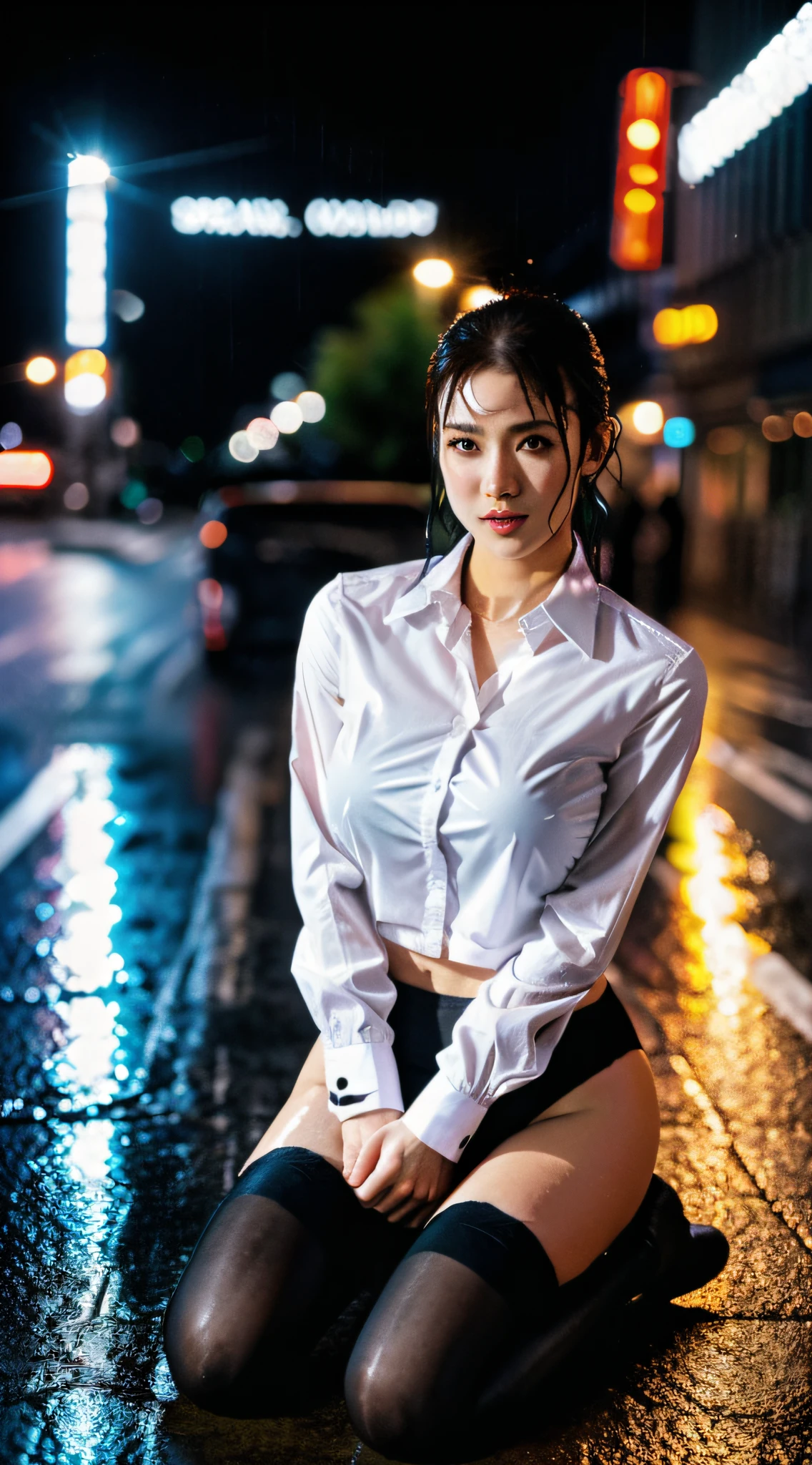 ((Realistic lighting, Best quality, 8K, Masterpiece: 1.3)), Clear focus: 1.2, 1girl, Perfect body beauty: 1.4, Slim abs: 1.1, (Big breasts), (White shirt: 1.4), (Outdoor, night: 1.1), (Standing), City Street, Super Fine Face, Fine Eyes, Double Eyelids, (Over the Knee Black Stockings: 1.5), (Wet in the rain, Wet: 1.2)