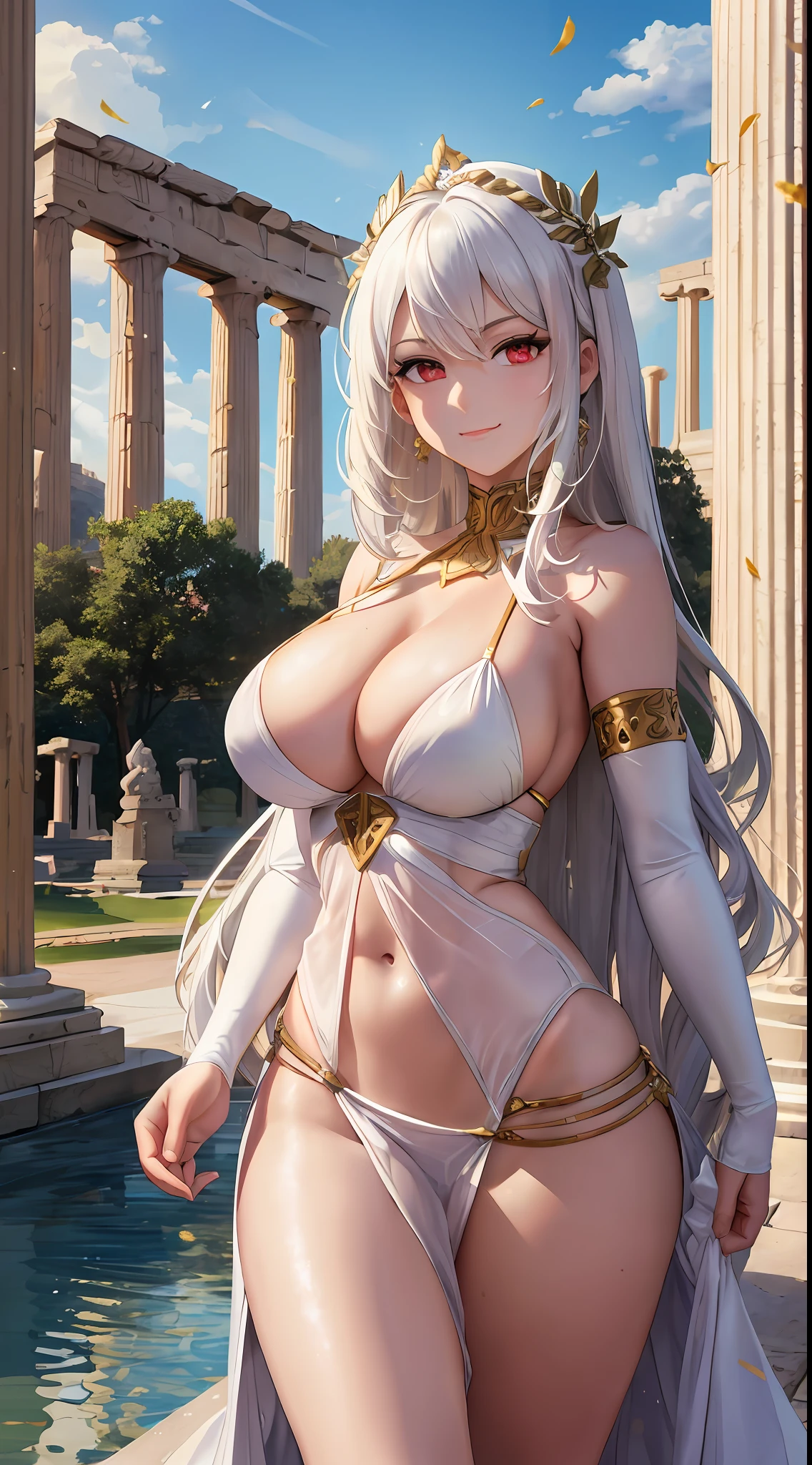 (((Masterpiece))), best quality, ultra-detailed, classical, (1girl), white hair, red eyes, (voluptuous body+toned body:0.8),(toned waist:1.1), Greek clothes, toga, wind(airy:1.2+blowing:1.1), marble column, garden, reflecting pool, ancient palace in the background,(goddess vibes+seductive smile:1.2+smug expression:0.8), gold trim.
