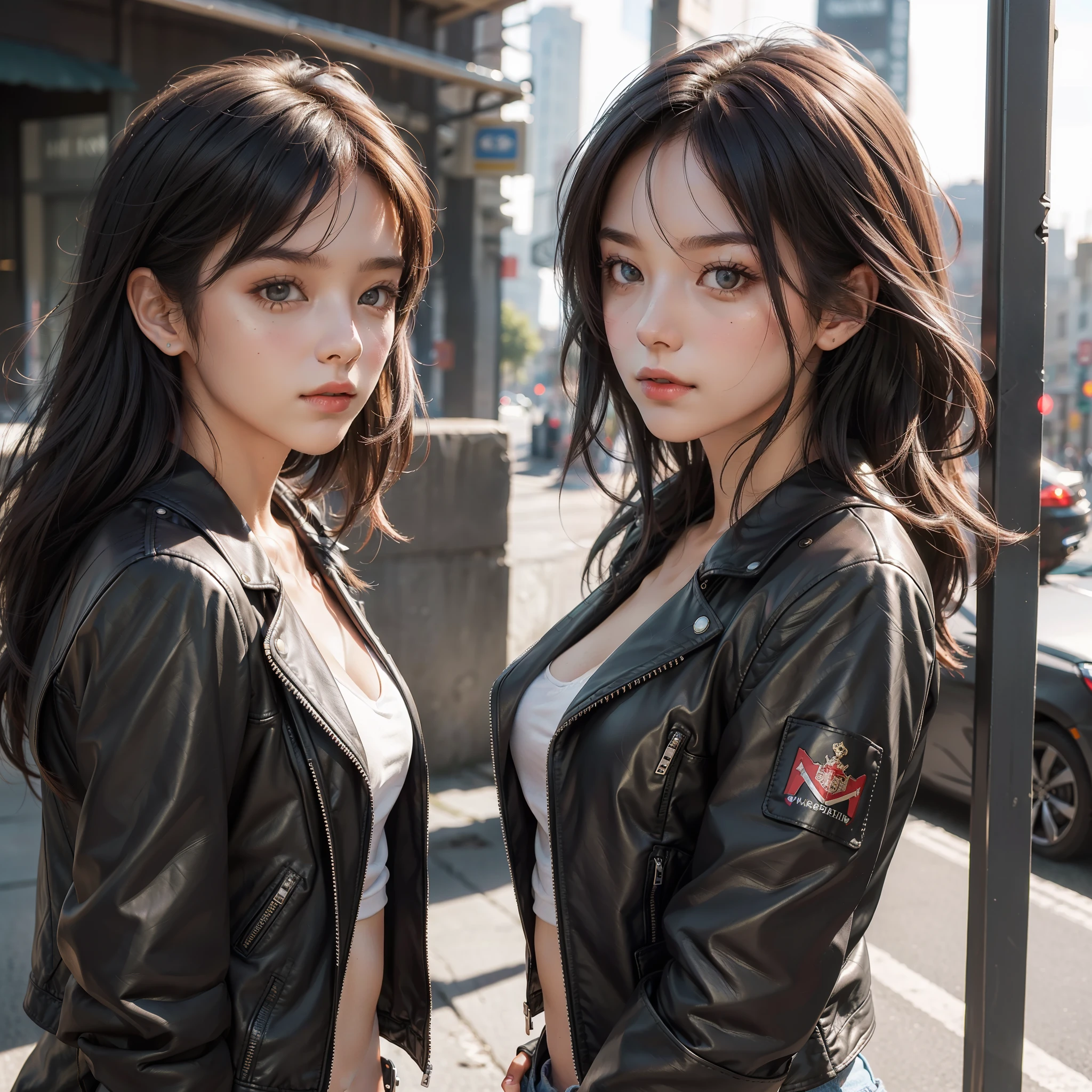 (masterpiece), (best quality), RAW photo, sharp phocus, ultra realistic, 8k resolution, (2girl), two girls, looking at each others, upper body, gorgeous face, perfect body, short leather jacket, opened jacket, sexy, posing, sun light, outdoor