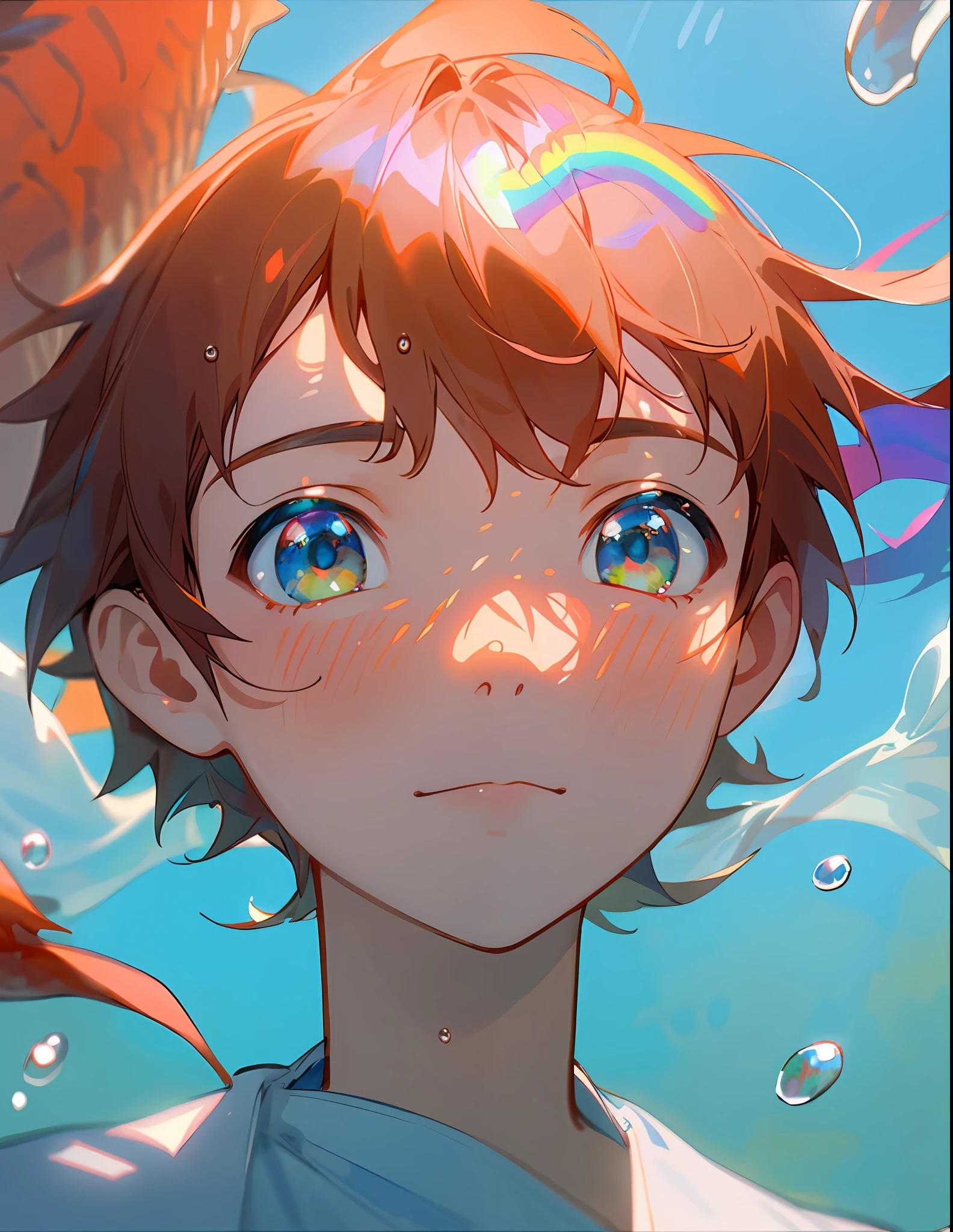 Face close-up - up, a cute boy and redfish, dreamy, watery eyes, front view, makoto shinkai, underwater, in the style of Katsuhiro Otomo, looking up, redfish surreal boy, in realistic hyper-detail rendering style, glowing yellow, blue, brush, ultra-realistic oil, exaggerated perspective, tyndall effect, water drops, mother - pearl rainbow color, holographic white, blue background --AR 3:4 --Niji 5 --style landscape
