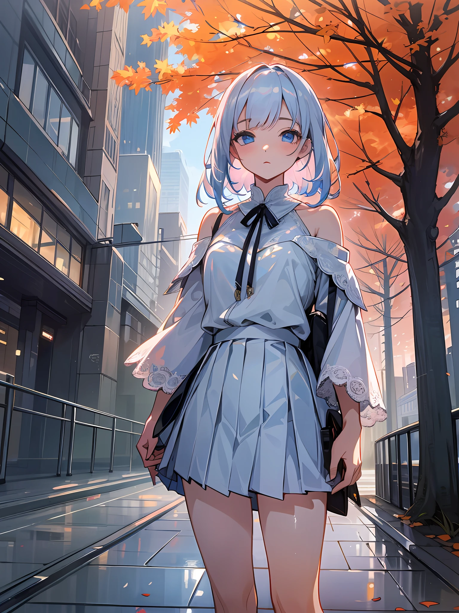 Japan, High resolution, highest quality, illustration, super detailed, (detailed face), (detailed eyes), soft lighting, best quality, hazy glow, fantastic atmosphere, super detailed, masterpiece, 1 girl, solo, silver hair, blue eyes, off-the-shoulders, white pleated skirt, lace-trimmed top, high heels, bright eyes, mid-chest, (colored), full body lens, outdoor, evening, clouds, tall building in background, industry, public transport, urban, concrete building, concrete, sidewalk, busy, trees, autumn, deciduous leaves,