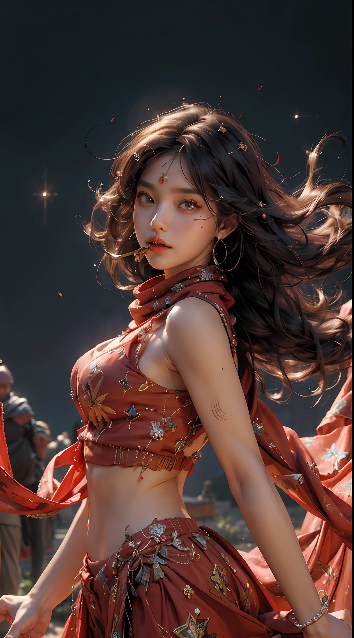 (RAW Photo, Best Quality), (Realistic, Photo Realistic: 1.3), Best Quality, Highly Detailed, Masterpiece, Ultra Detailed, Illustration, 1 Girl, upper_body, Dynamic Angle, World Mastery Theater, messy_long_hair, Best Quality, Extremely Detailed CG Uniform 8k Wallpaper, Ink, Amazing, Movie Lighting, lens_flare, gufeng_style, Fantastic Big Eyes, Red Skirt, (heavy makeup: 1.2), exotic style, desert, (seductive expression: 1.2), eating barbecue beef skewers, (veil on face: 1.2), flowers, weapons, floating up scarves, Sony master shot