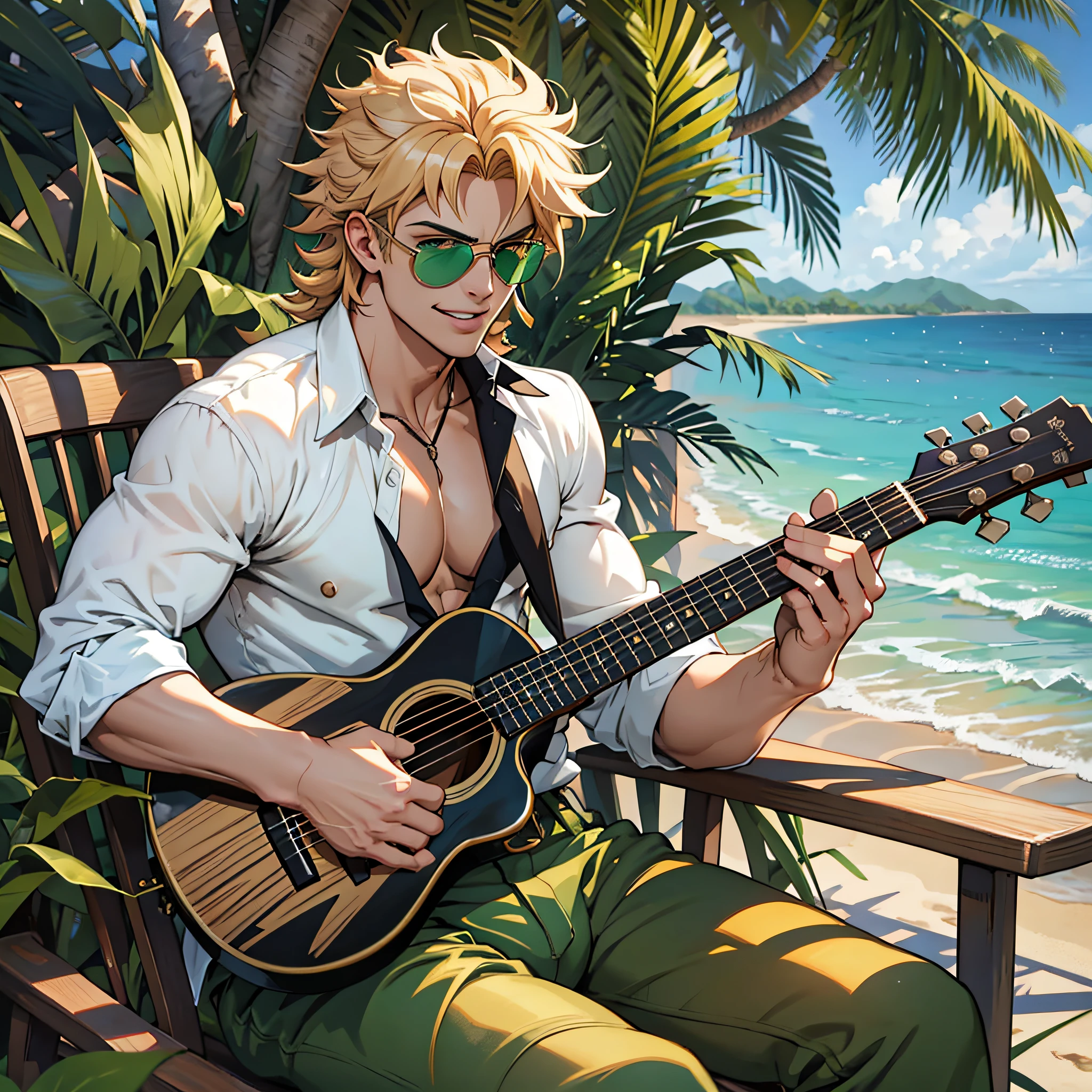Dio Brando, in this illustration, is portrayed as a charismatic and confident character. He is depicted wearing an open white shirt that exposes his well-defined chest muscles. Adorning his face are round green sunglasses, which add a stylish and mysterious touch to his appearance. Dio's smile is charming and charismatic, reflecting his cunning nature. He is seen seated in a white chair, positioned near the shore of a beautiful beach. The waves gently crash against his feet, creating a serene and calming atmosphere. Dio wears green flip-flops and white shorts adorned with green palm trees, showcasing a tropical vibe. The scene takes place during the daytime, with the sun shining brightly and casting a warm glow on the surroundings. In Dio's hands, he holds a light brown ukulele, which he strums with skill and passion. Overall, this depiction captures Dio Brando in a relaxed and enjoyable moment, embodying his distinctive charm and magnetic presence. --auto --s2
