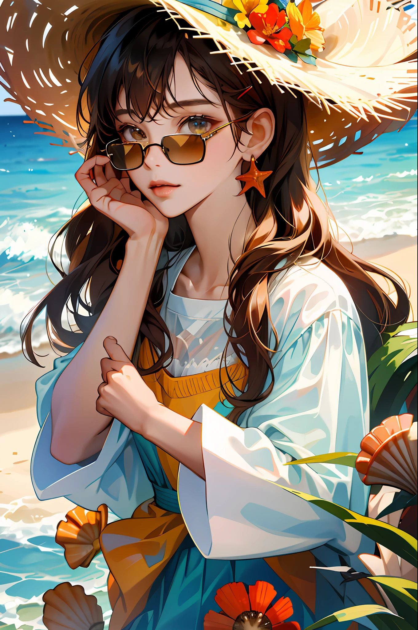 absurdres, highres, ultra detailed, 1girl, solo, extremely detailed eyes, starfish, seashell, shell, flower, hat, hair ornament, jewelry, straw hat, looking at viewer, sunglasses, hat flower, drinking straw, hairclip, earrings, red flower, tinted eyewear, yellow flower, bangs, english text, multicolored hair, orange flower, black hair, ring, cup, long hair, orange-tinted eyewear, food, brown hair, portrait, shell hair ornament