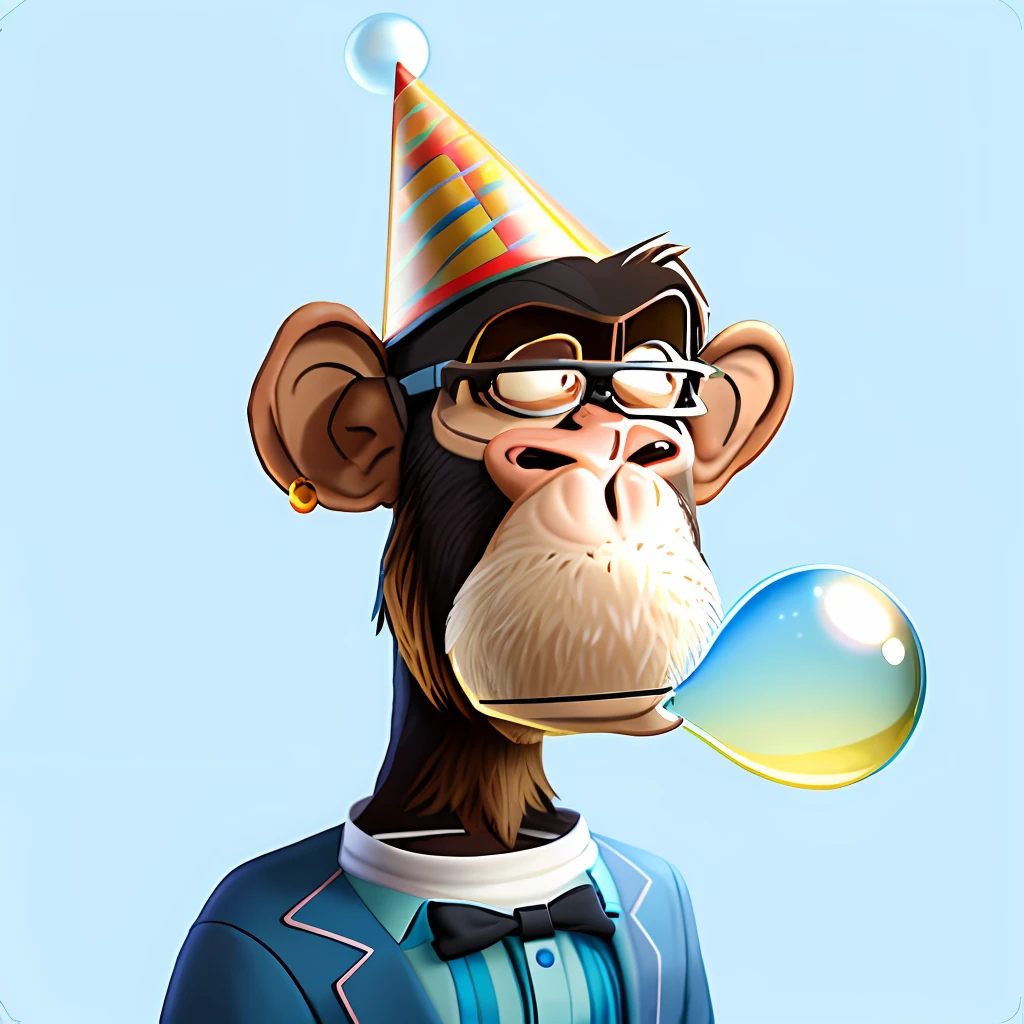 (8k, raw photo, masterpiece), (photon mapping, radiosity, physically-based rendering, automaticwhite balance), CG, unity, official art, amazing, finely detail, an extremelydelicate and beautiful, extremely detailed, 3drendering, octanerender, popular toys, blind box toys, Disney style, c4d, blender, best quality,CG illustration,pop mart blind box, Pixar,complex details, 3d render, blender, oc renderer, cartoon monkey with party hat blowing bubbles, bored ape nft, inspired by alex petroek APe, theme = chimpanzee, cartoon art style, monkey, cartoon art style, digital illustration style, "portrait of cartoon animal, have a cool party, high detail cartoon, monkey dressed up as scientist, bored ape, cartoon digital painting