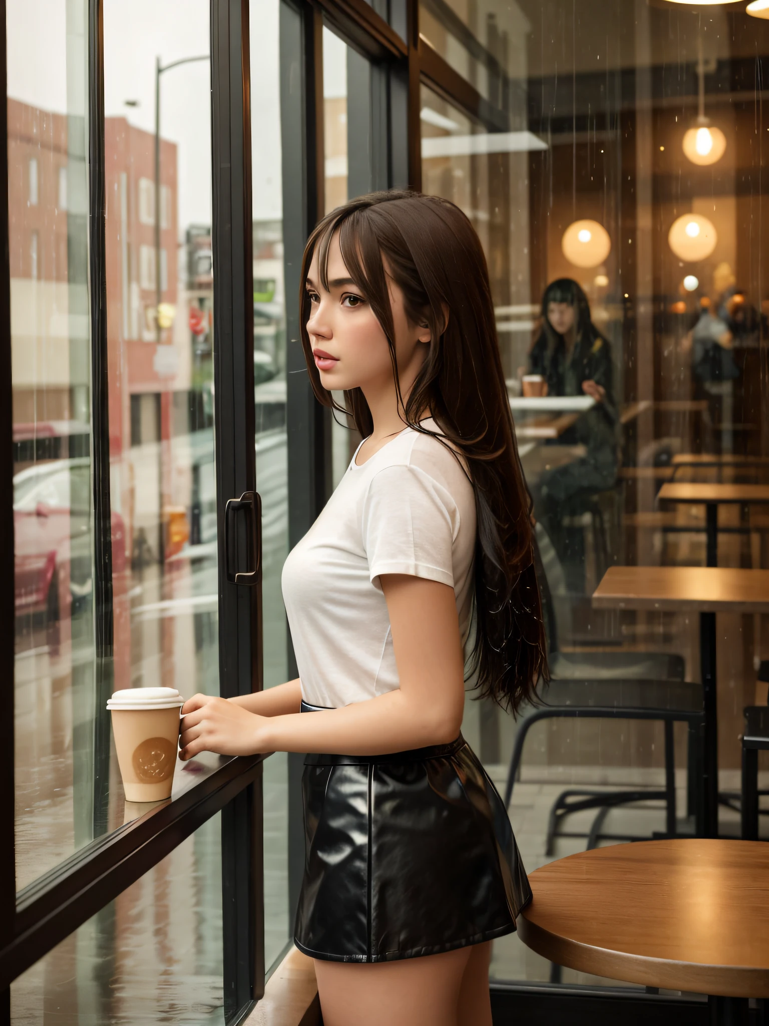 1girl, solo, beautiful, sensual, parted lips, casual outfits, looking at the rain, looking out of the windows, body facing the windows, cloth mini skirt, side angle, coffee shop, cups of coffee, drinking coffee, long hair, near windows, raining outside the coffee shop, dramatic, cinematic