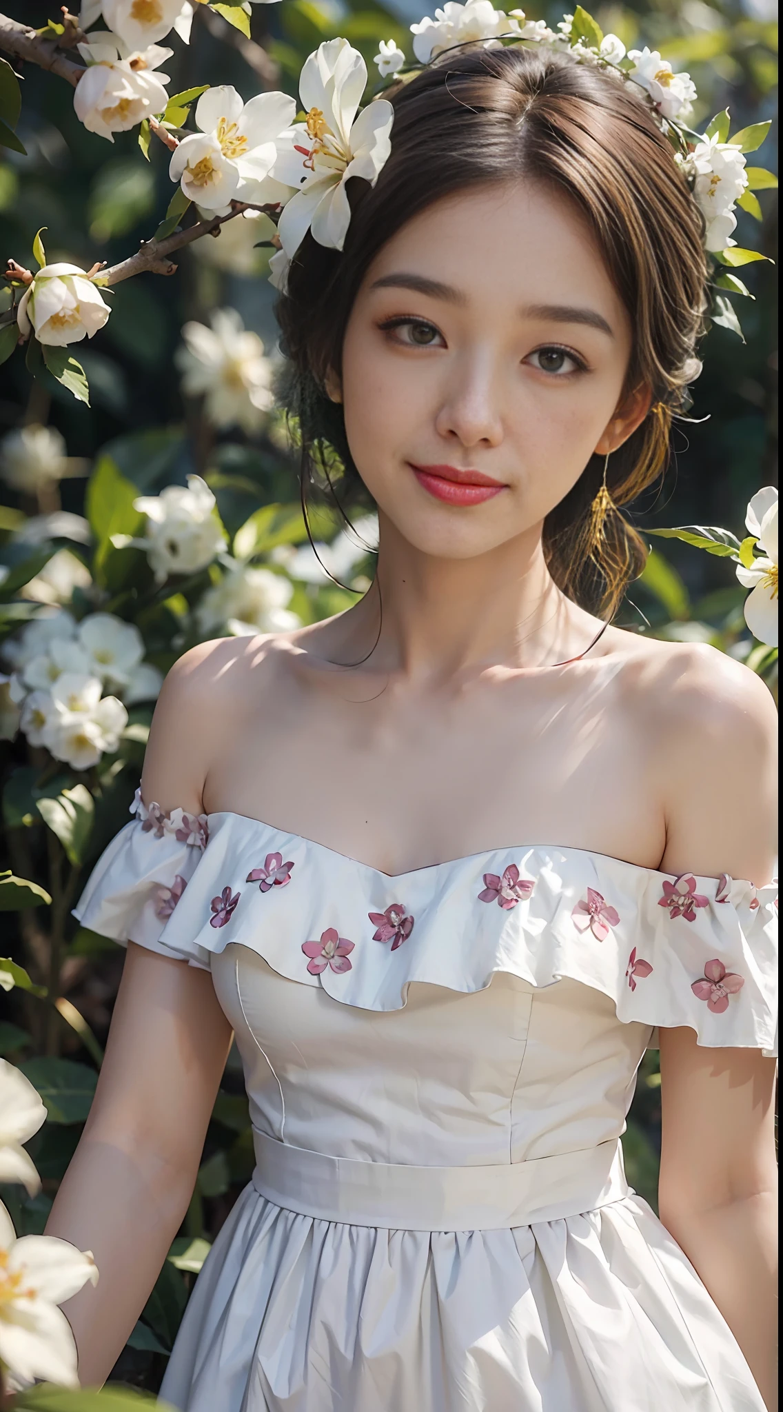 Best quality, masterpiece, ultra high res, (photorealistic:1.4), raw photo, 1girl, white dress, off shoulder, blossom flower field, glowing skin, light smile