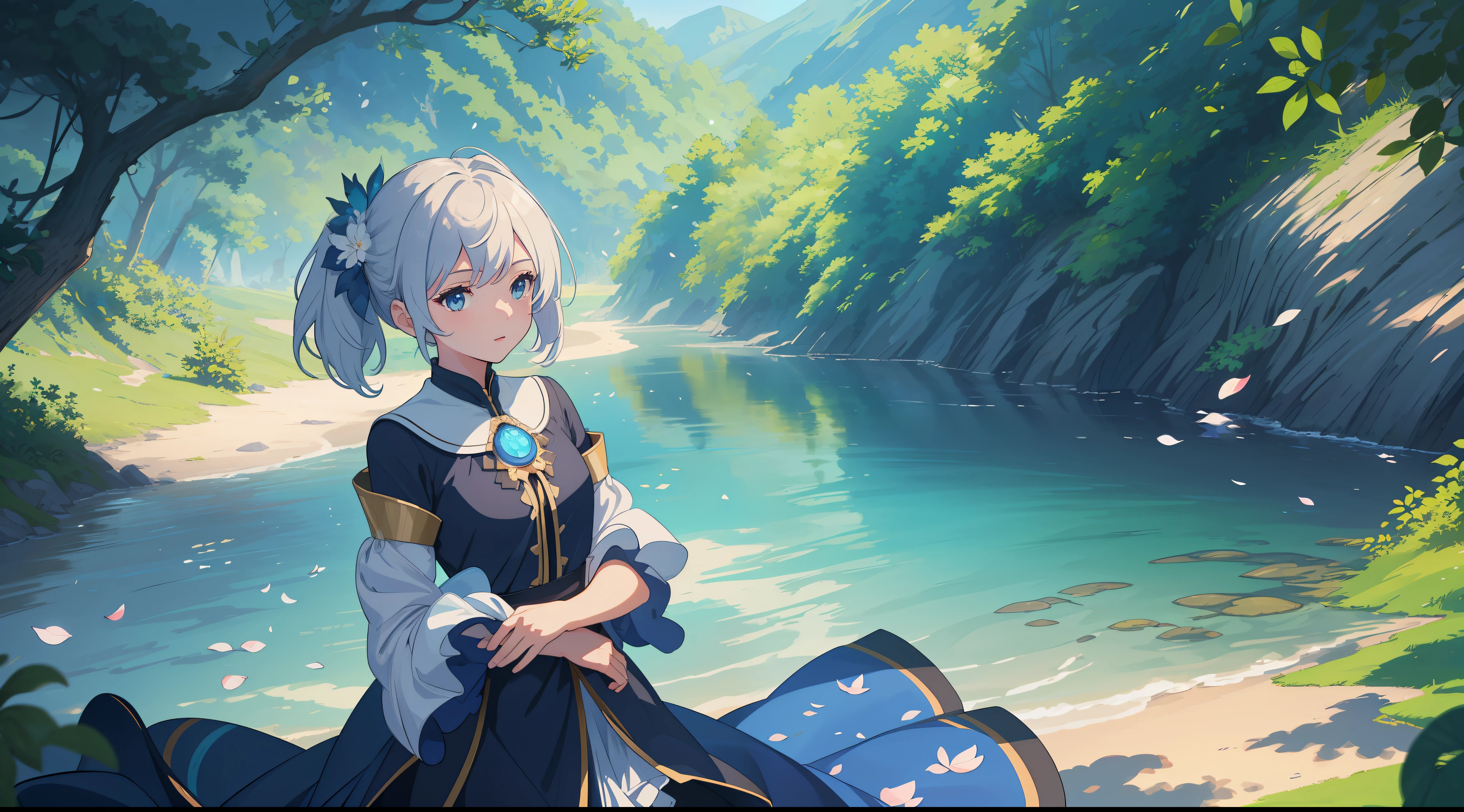 Masterpiece, best quality, (very detailed CG unity 8k wallpaper) (best quality), (best illustration), (best shadows) Nature', blue sea,delicate leaves petals of various colors falling in the air light Tracking, super detailed --v6