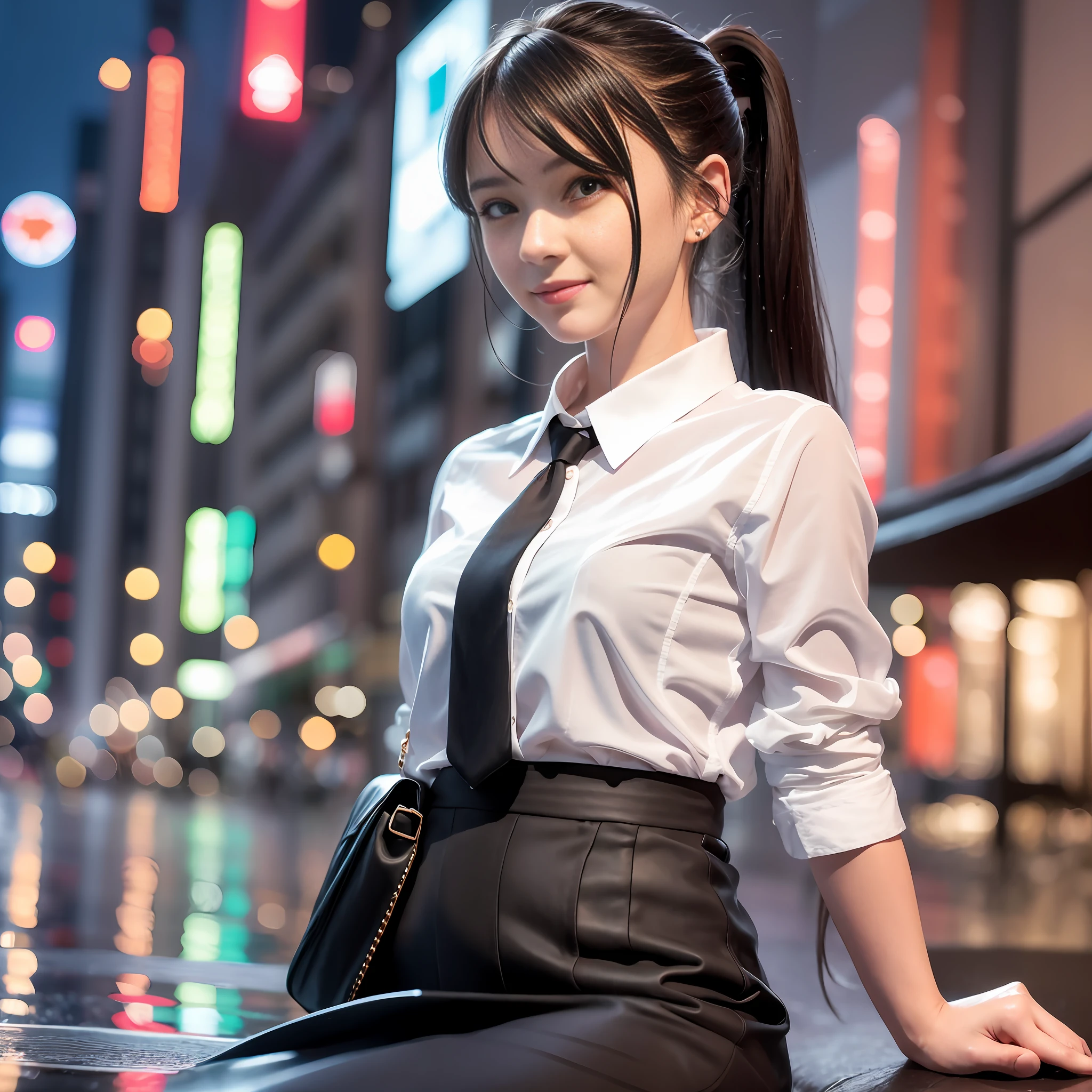 8K, top quality, masterpiece: 1.2), super detail, 1 girl, cute, independent, beautiful detail sky, detail café, night, sitting, date, (red nose), sweet smile, (smile: 1.15), (silently) small breasts, small beautiful detail eyes, Japan person, (collar shirt: 1.1), black and white business clothes, night, wet, business dress, rain, long hair, brunette, short ponytail, NovaFrog style, cat,