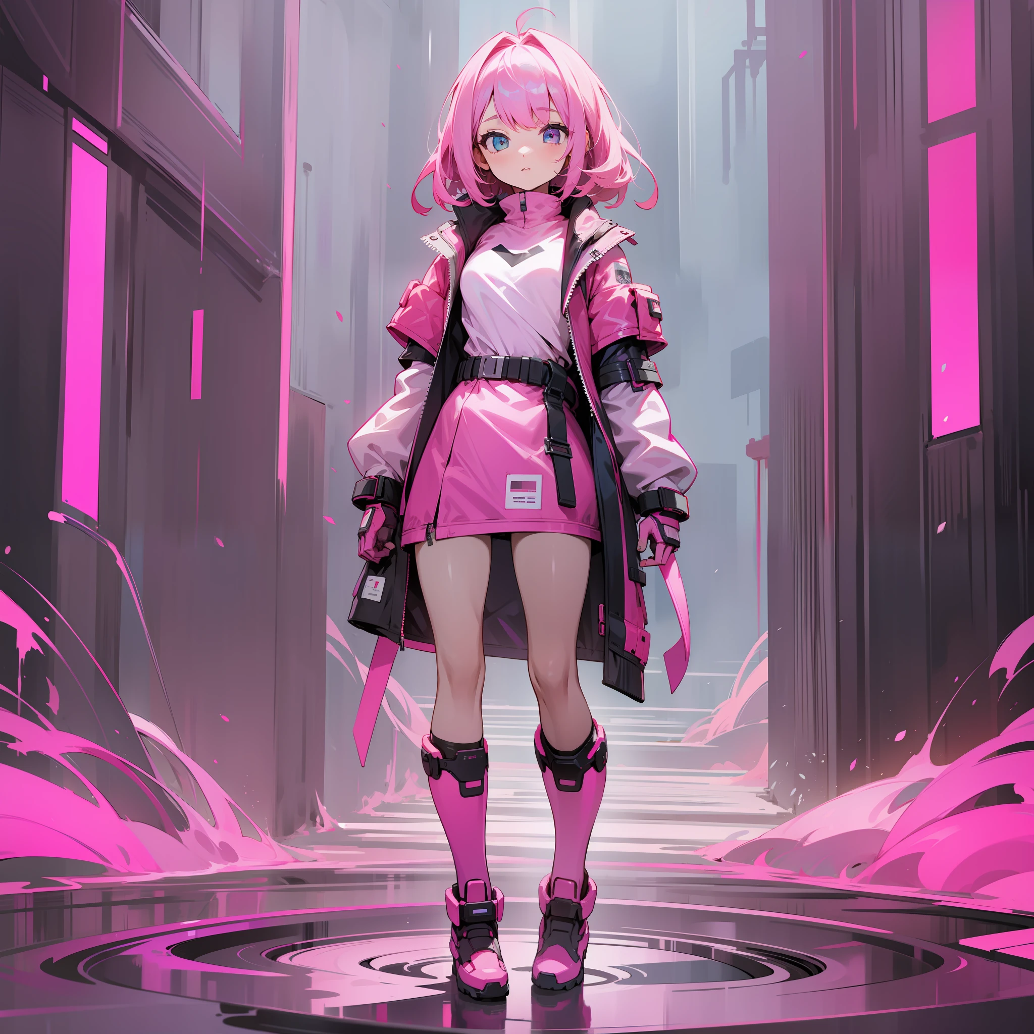 1 woman, high quality, full body, pink hair, simple background, standing pose