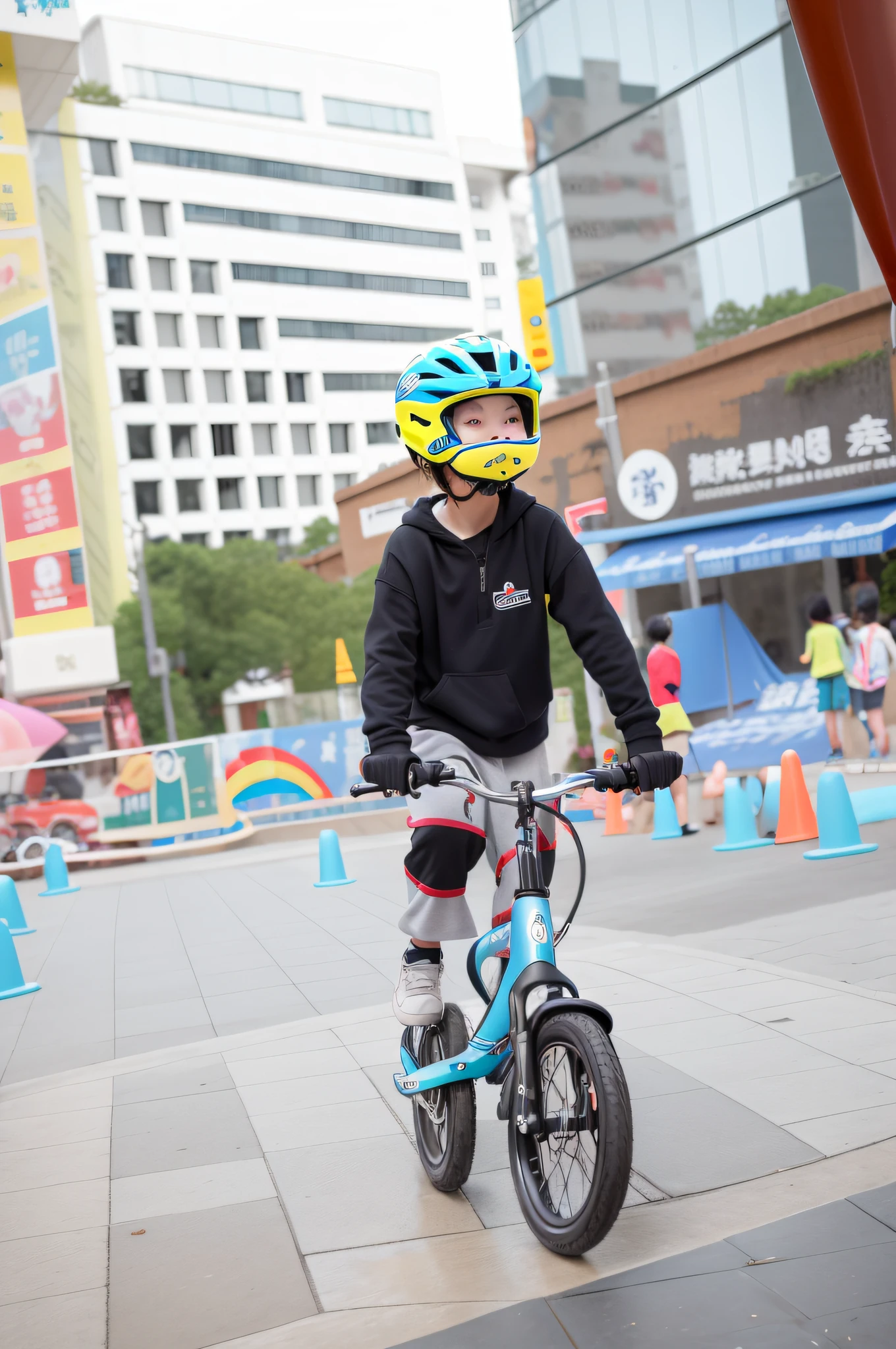 Scooter There is a  cycling on the street, child, 8K 50mm ISO 10, in the competition competition, wearing a skating helmet, Li Zixin, taken with Canon 8 0 D, Shenzhen, children, Shaxi, wearing a skateboard helmet, especially, photos taken with Nikon D7 5 0