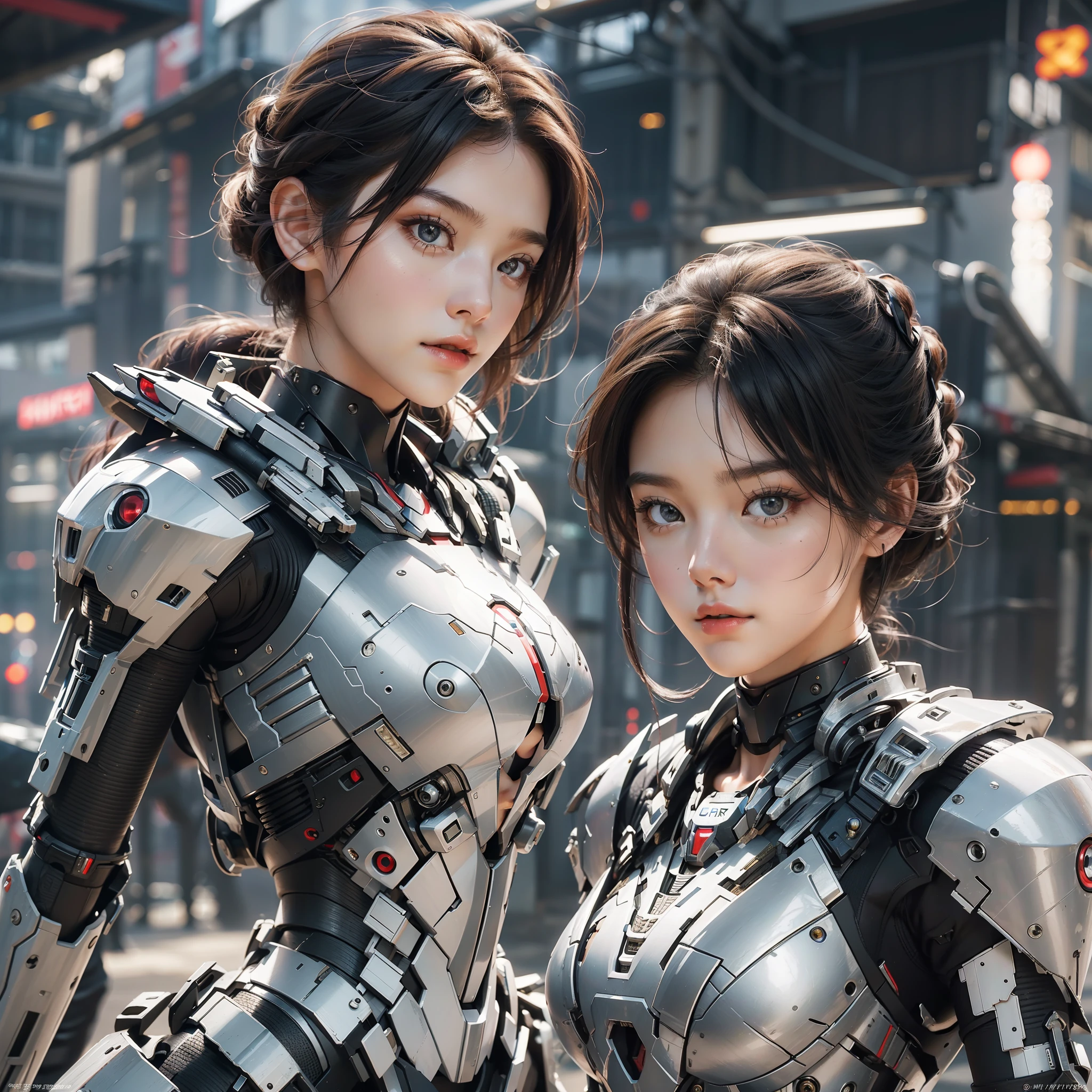 (masterpiece), (best quality), RAW photo, sharp phocus, ultra realistic, 8k resolution, (2girl), two girls, looking at each others, upper body, gorgeous face, perfect body, mecha girls, white armor, exoskeleton, sexy, posing, cinematic light, outdoor