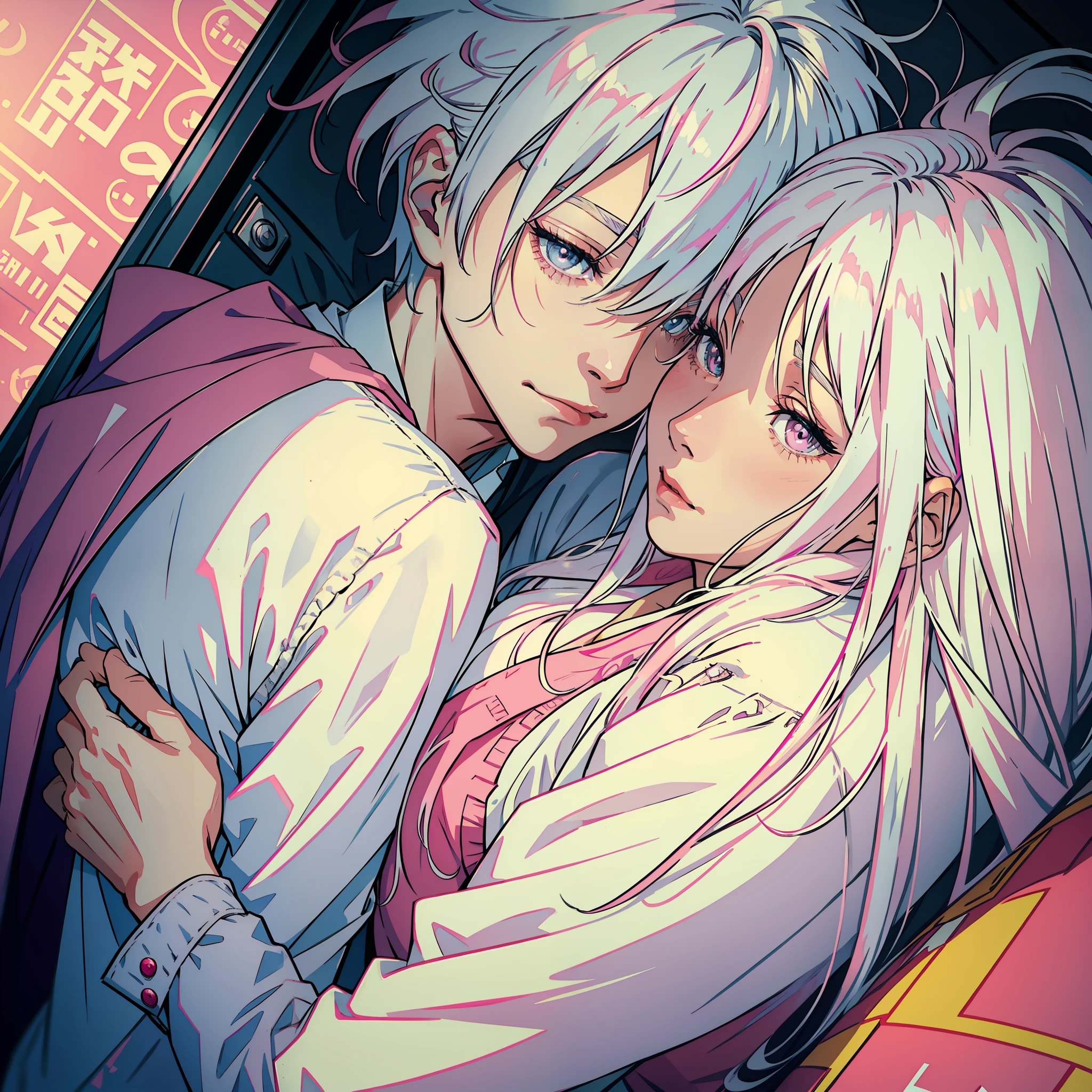 white-haired man, cuddled with pink-haired woman, love, affection