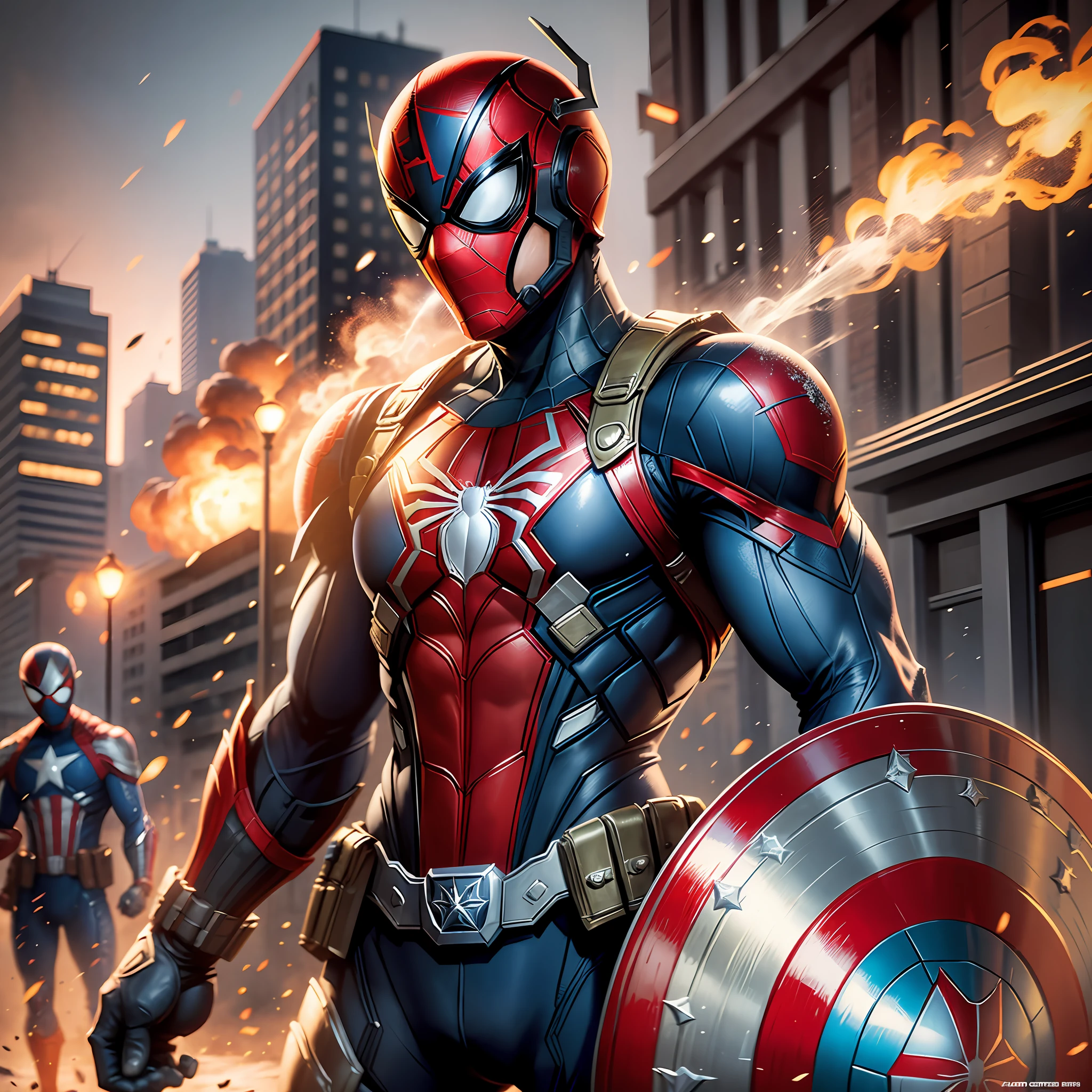 Spider-Man in Captain America style armor, with soldier's helmet, holding a shield in one hand and a pistol in the other hand, Captain America Marvel mixed with Spider-Man, Dark, World War II background with fire, Background with fire, War, snowing, right hands, ultra realistic, Unreal Engine 5, dark, ultra quality, gorgeous, beautiful --auto --s2