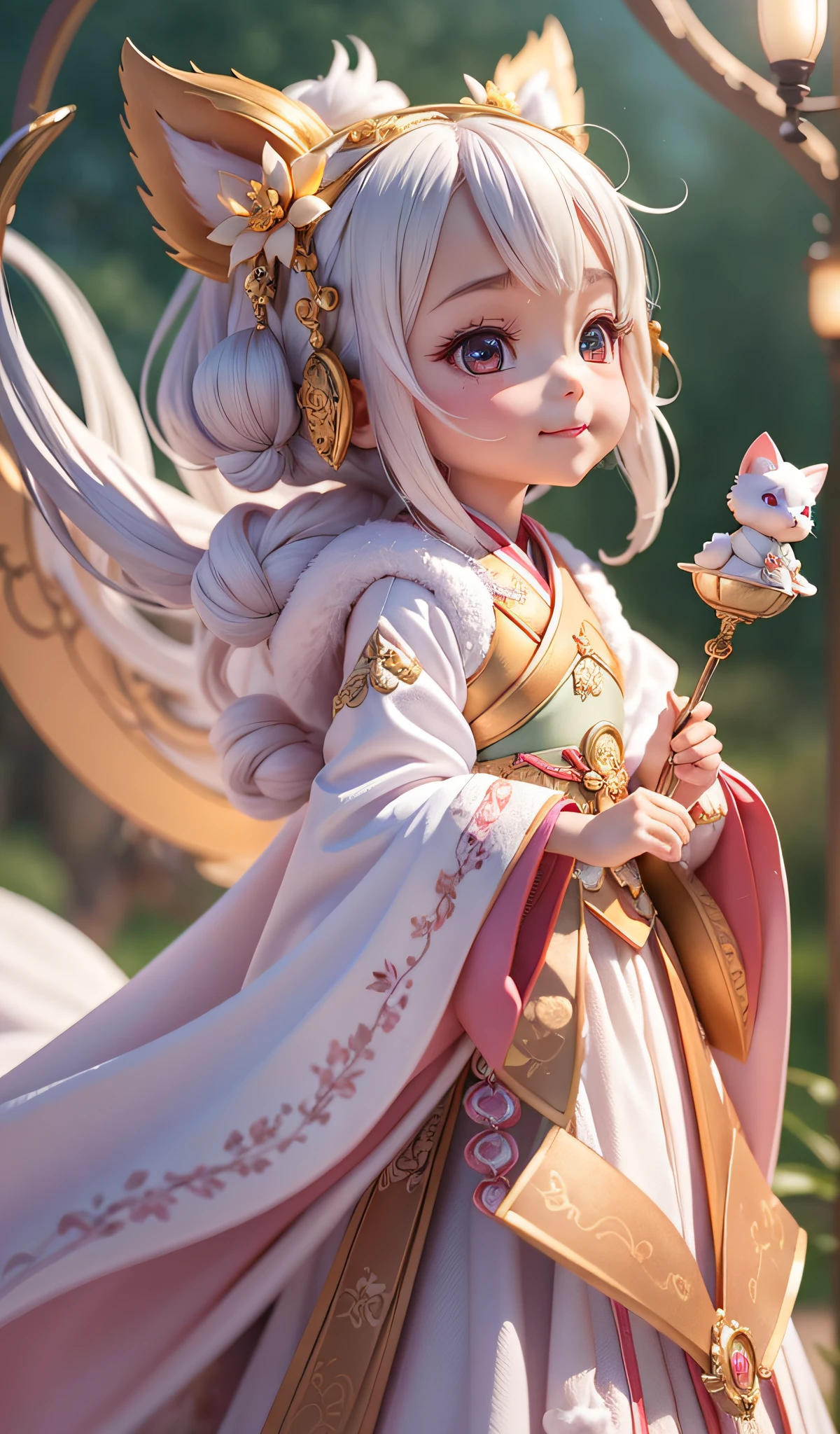 Super cute girl, wearing gorgeous Hanfu, little vixen, anthropomorphic, bubble mart style, wearing an elegant cape, sweet smile, white fur, bright big eyes and fluffy tail, clouds floating gently, extremely detailed 3D animation, super realistic, super detailed, luxury movie lights, octave light, Octaneendering, zbrush,