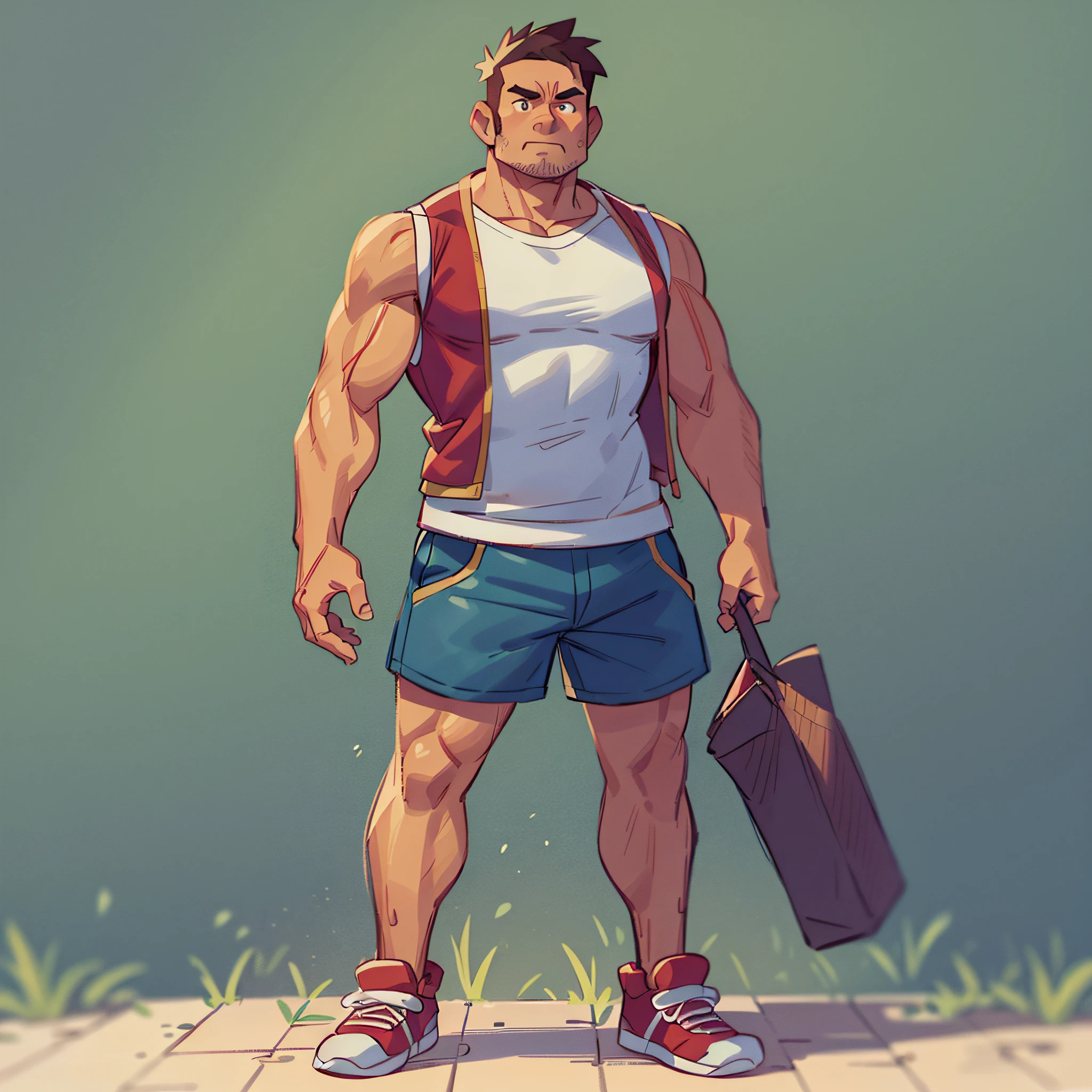 Muscular man, about 40 years old, wearing a vest and shorts, full body photo, standing in front of him