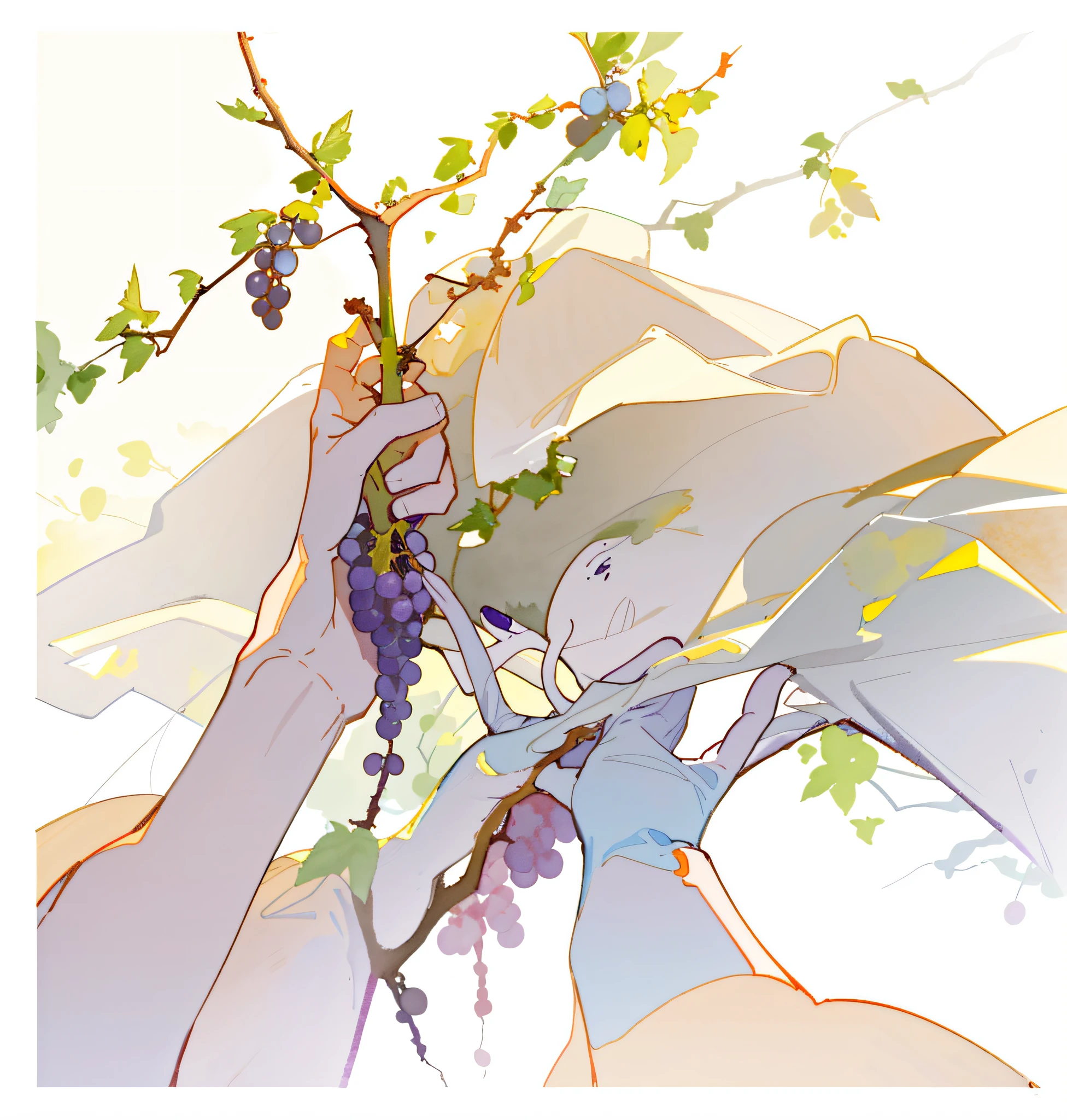 Hand closeup, someone is harvesting a grape branch with a knife, vineyard, Illustration, modern watercolor, lighting, 4K --auto --s2